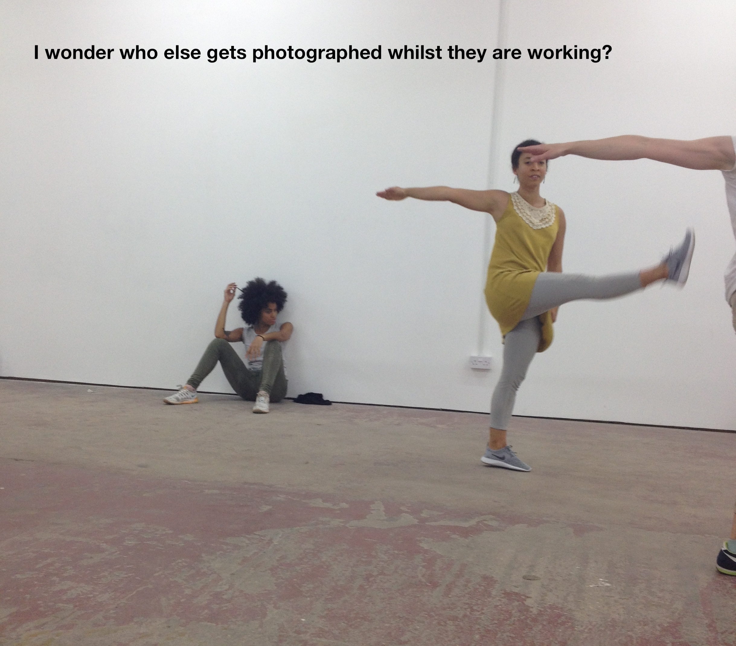 The work involves the layered, negotiated, communal and ongoing activities of holding space through dancing and conversation. Gendered labour is practised, reinforced, made visible through simultaneity of tasks: responsibility for keeping the dance and conversation alive, the space oriented and doing all this without effort and fatigue. Or with effort which still has resource to be available to each other, and to the visitors. - Shannon Stewart Dancer: Vanessa Abreu Image: Janine Harrington