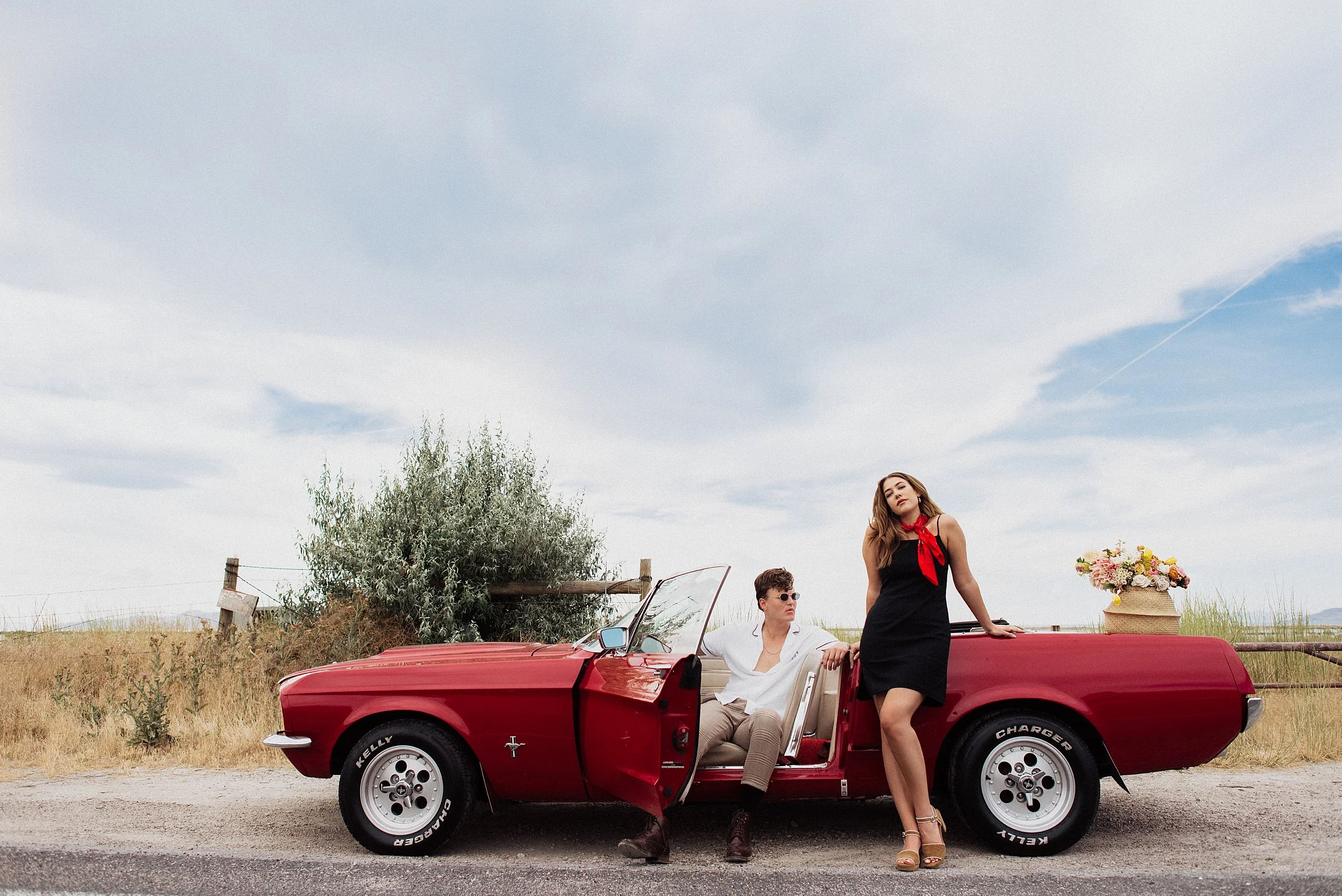 engagement session with vintage mustang