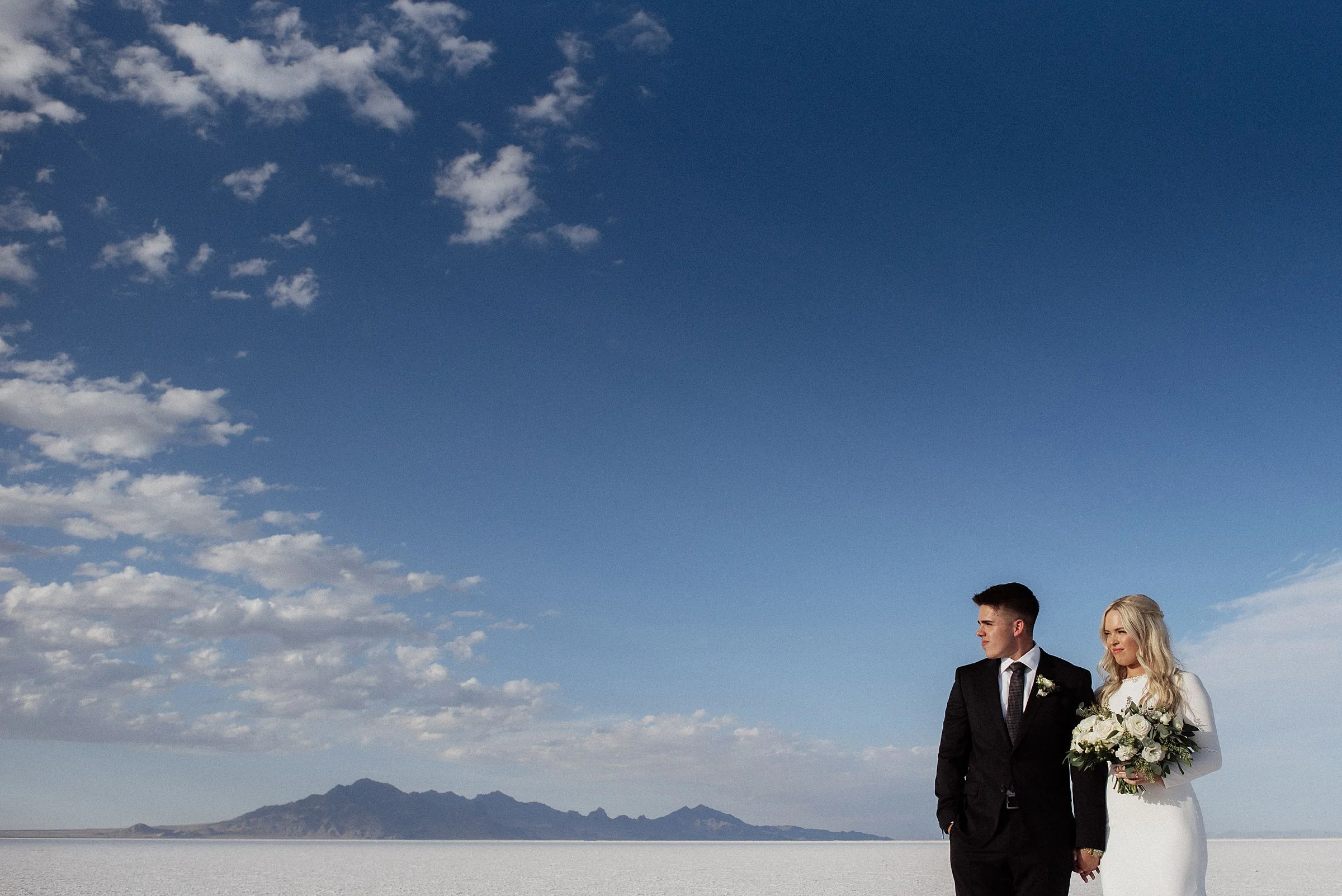 bride and groom at the bonneville salt flats