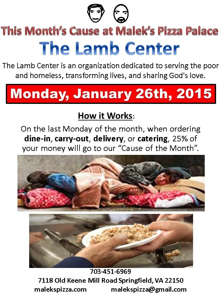 The Lamb Center Cause of the month at Malek's Pizza Palace
