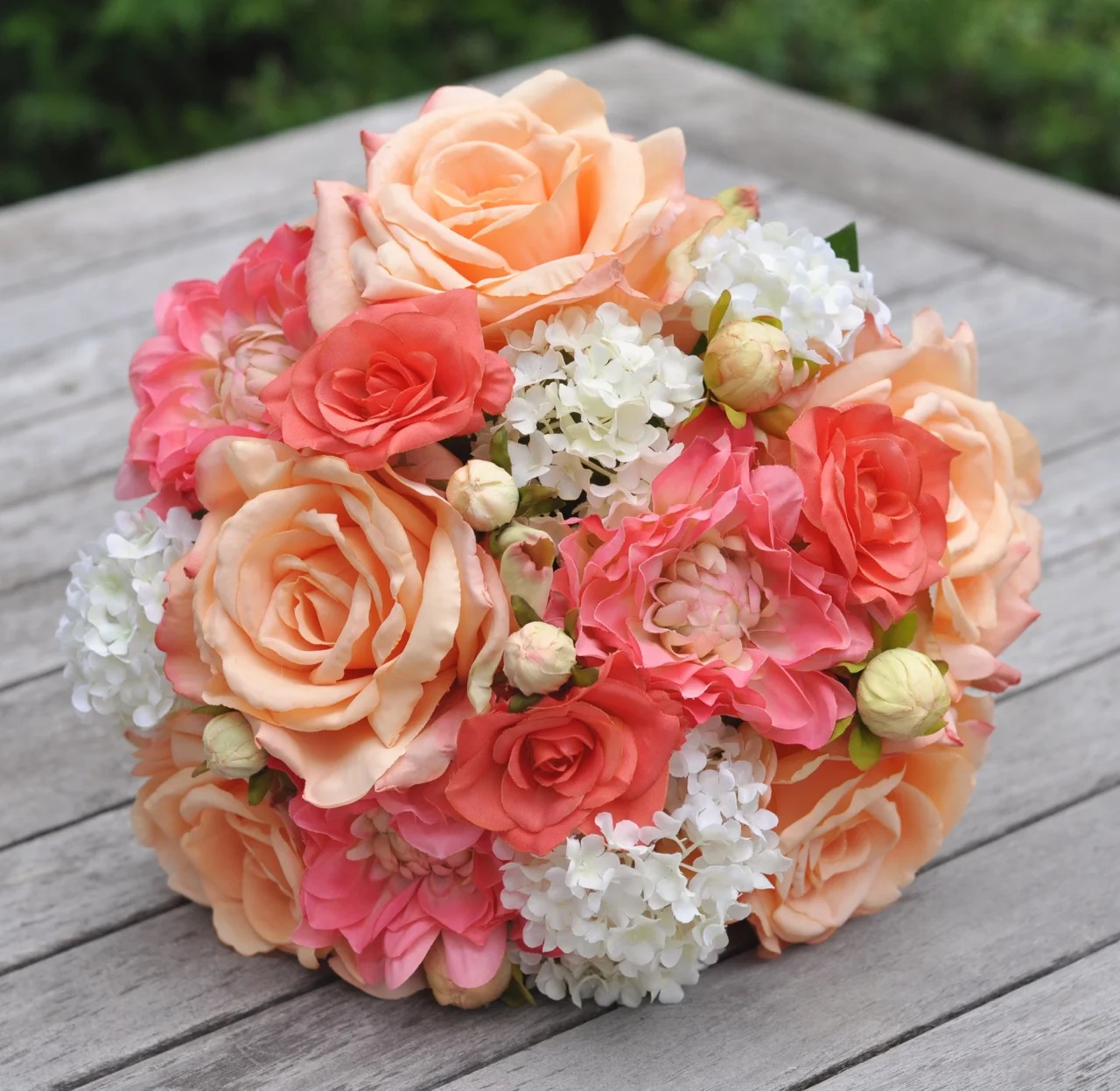 Silk Bridal Bouquet with Peach Roses, Coral Dahlias, Coral Rose, Ivory Viburnum