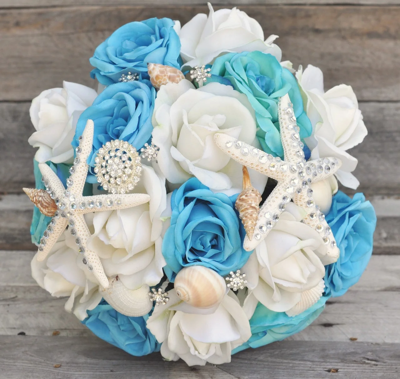 Aqua and Ivory Rose bouquet with Seashells