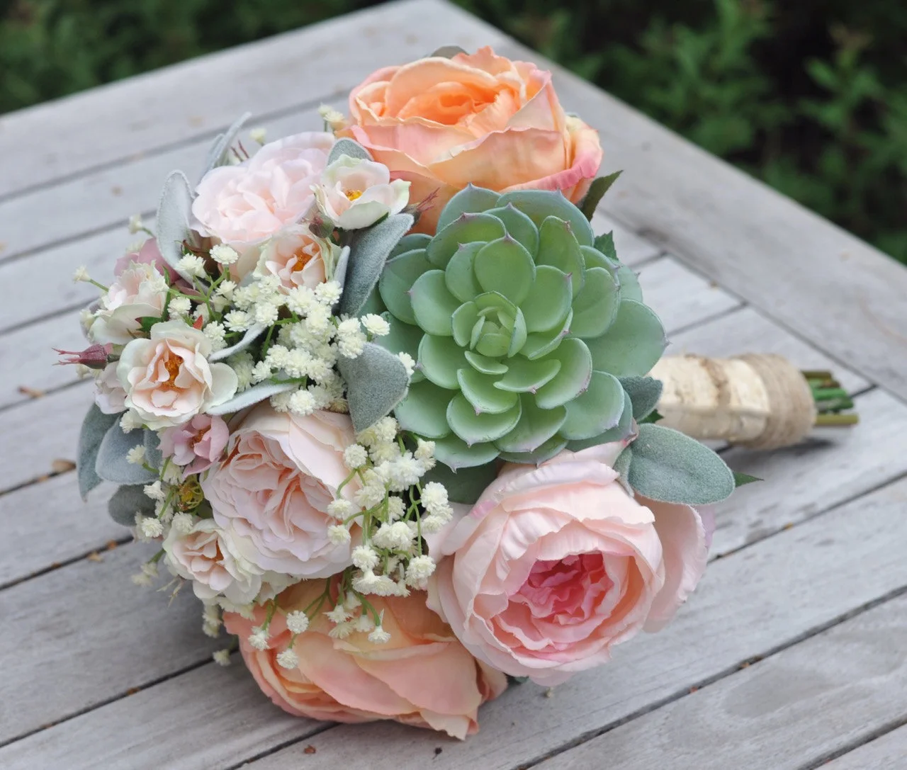 Peach and Pink Cabbage Roses, Succulents, Baby Breath silk flower bouquet.