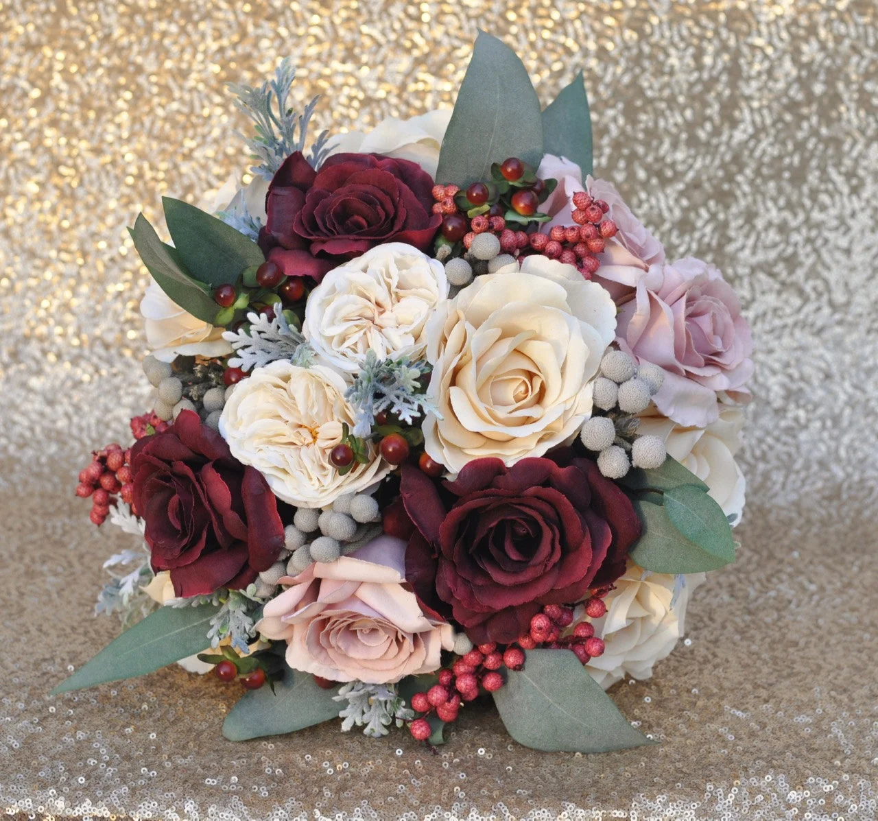 Bridal Bouquet with Marsala, Mauve and Ivory Roses, Dried Brunia, Berries, Eucalyptus