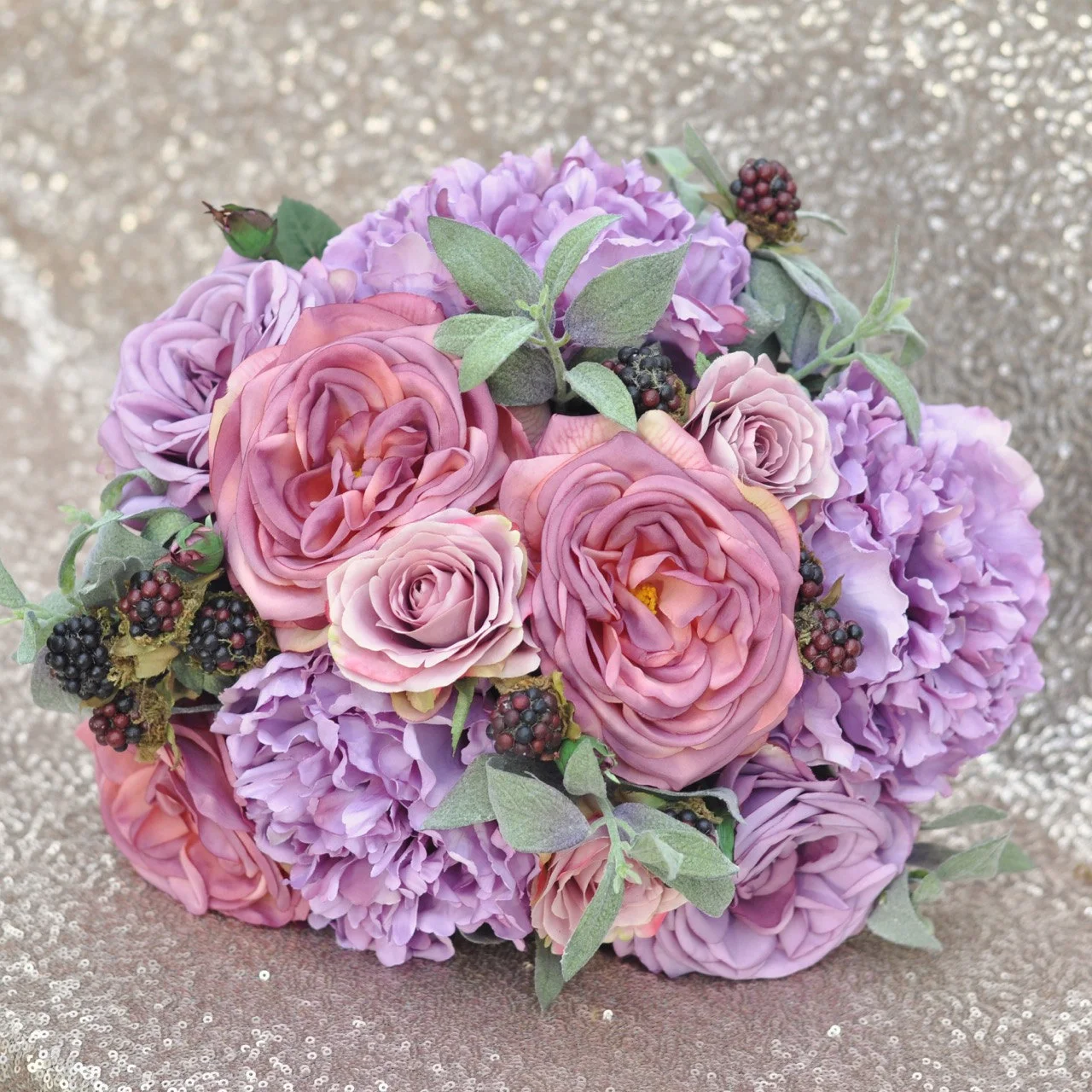 Bridal Bouquet with Purple Roses, Purple Peonies, Berry and Sage