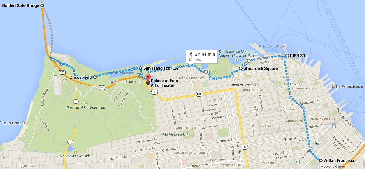 A Google Maps estimation of my route. I definitely took more than 2 hours and 41 minutes because I stopped several places, and was walking slowly to take pictures the whole time.