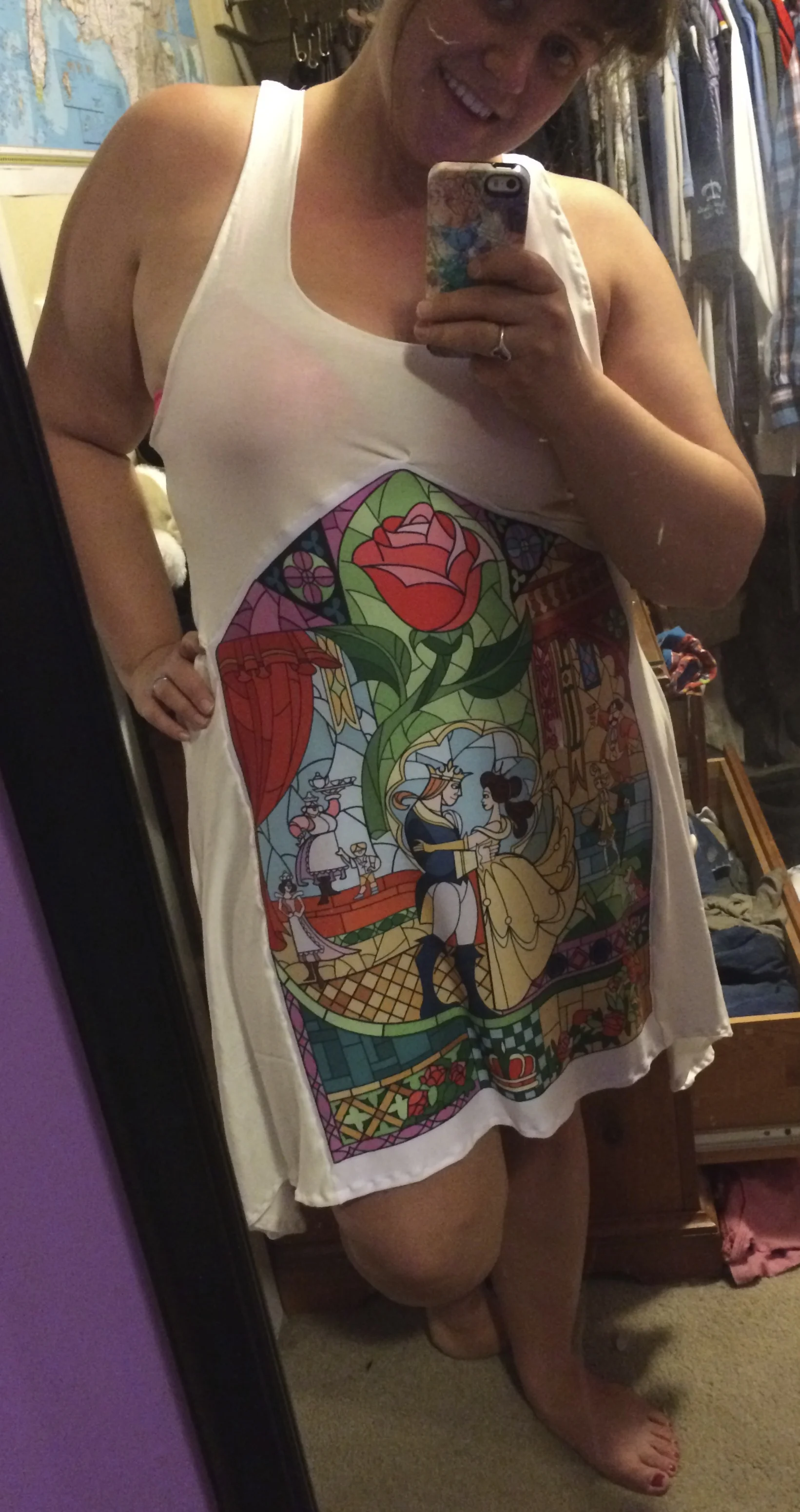 This is made of a stretchy jersey fabric, which succumbs to gravity. I had to shorten the straps (and may do it some more, still)