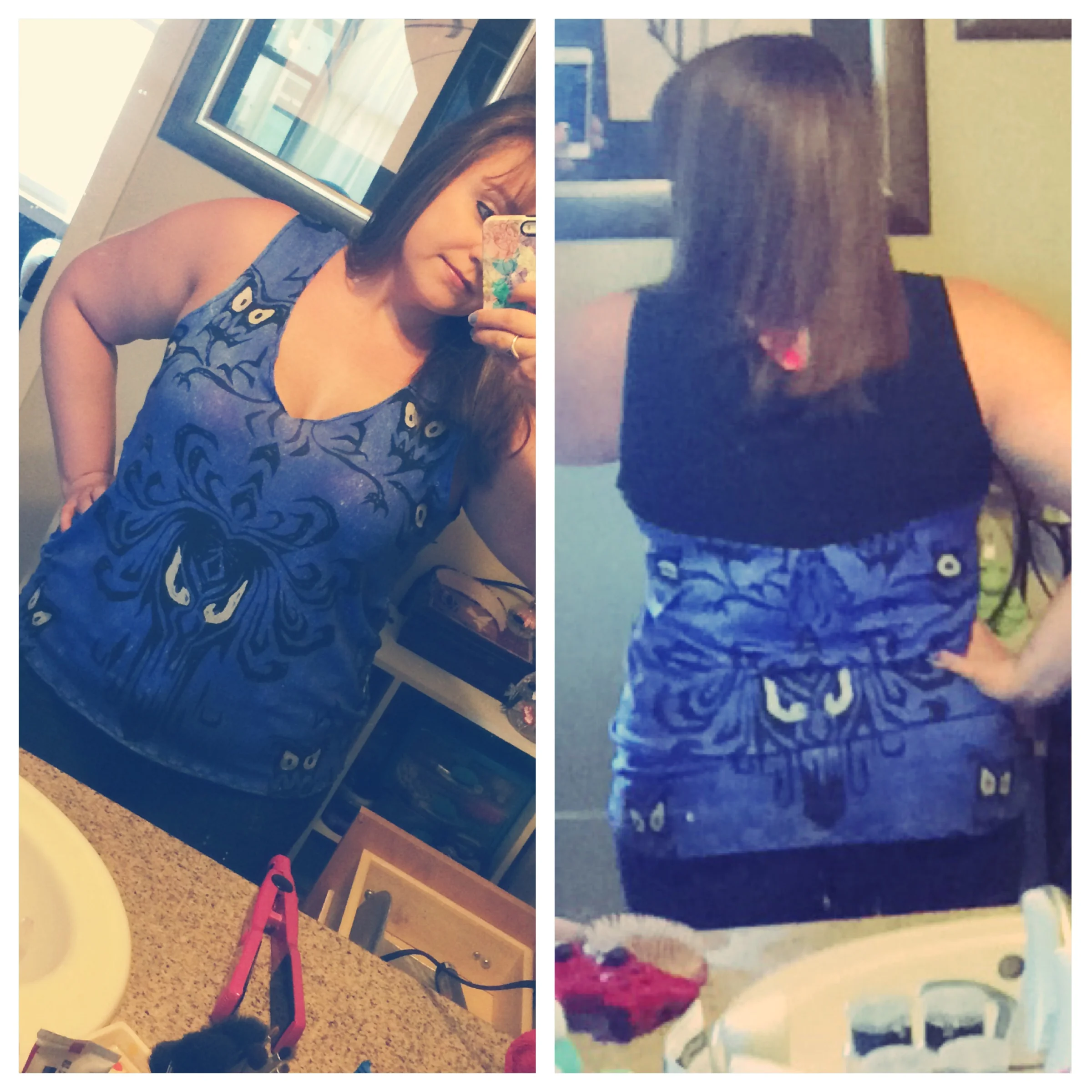 I ironed out the neckline right before I took this picture, but as the night wore on, and the next time I wore the shirt, it was quite ruffled. I ended up binding the neckline with bias tape.
