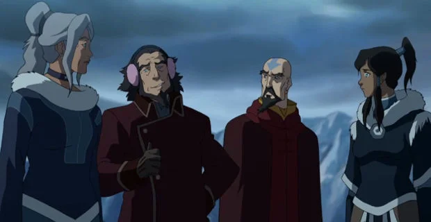 Tenzin and Korra with Aang's other children: Kya and Bumi 