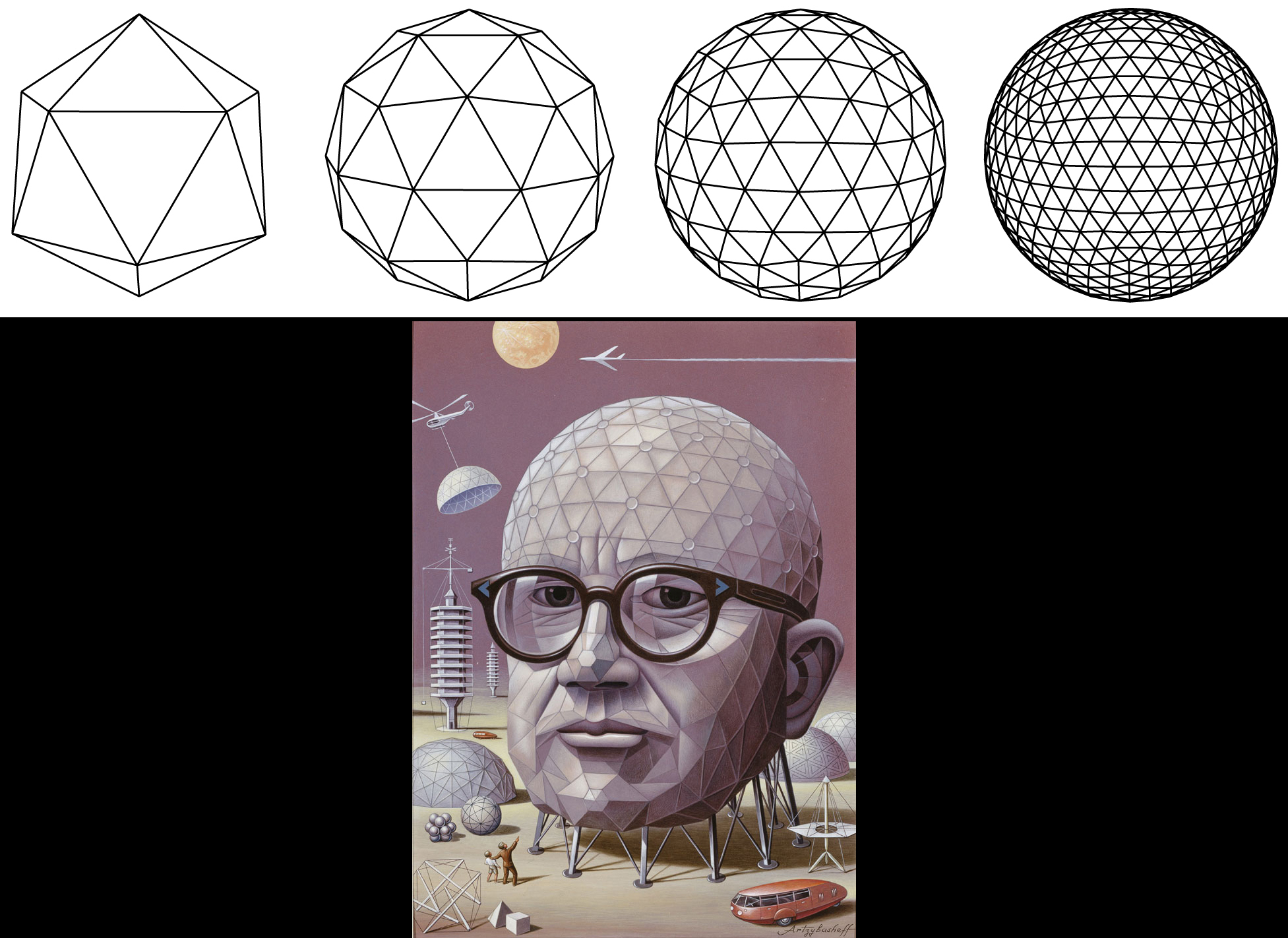 Other forms to imagine when creating polygon floating islands are Buckminster Fuller’s geodesic domes. Geodesic domes or spheres, are arranged by a system of intersecting triangles to create rigidity and reduce stress when constructing dome-like structures.