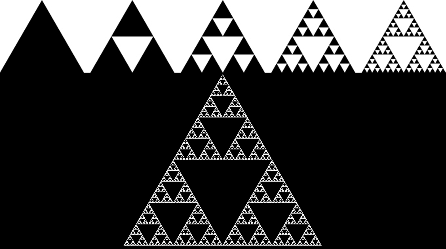 Sierpinski triangle. Polygon or the Equilateral triangle adheres to mathematical patterns that can be reproduced and reduced through magnification to its shape of origin. This fractal set of triangles become building blocks for producing forms seen in architecture (pyramids), design (tetrahedrons) and in nature.