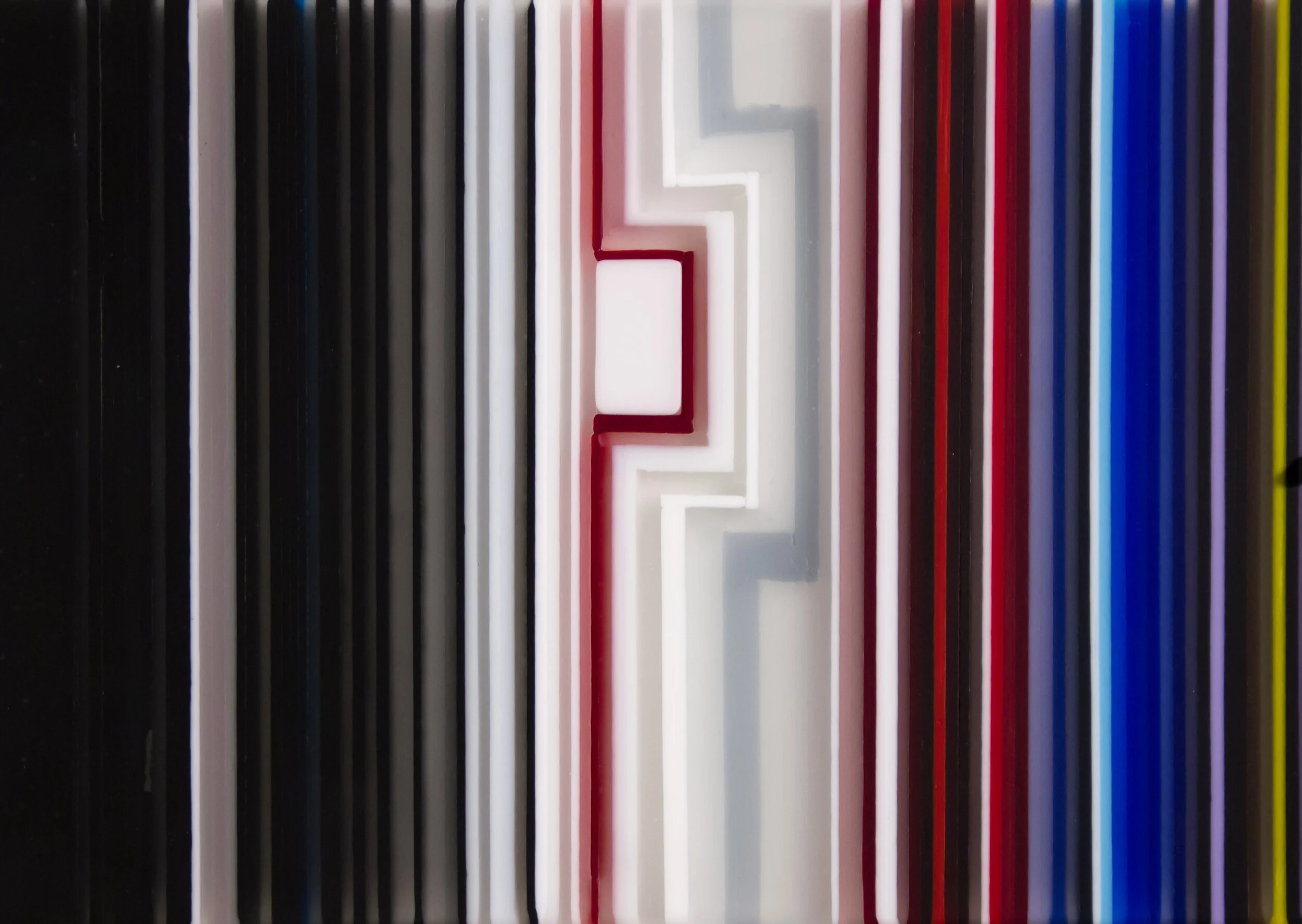 Rachel first created this flat panel of glass before hot-forming, blowing, cold-working and rolling up to create the final vessel “True Colors Redux”