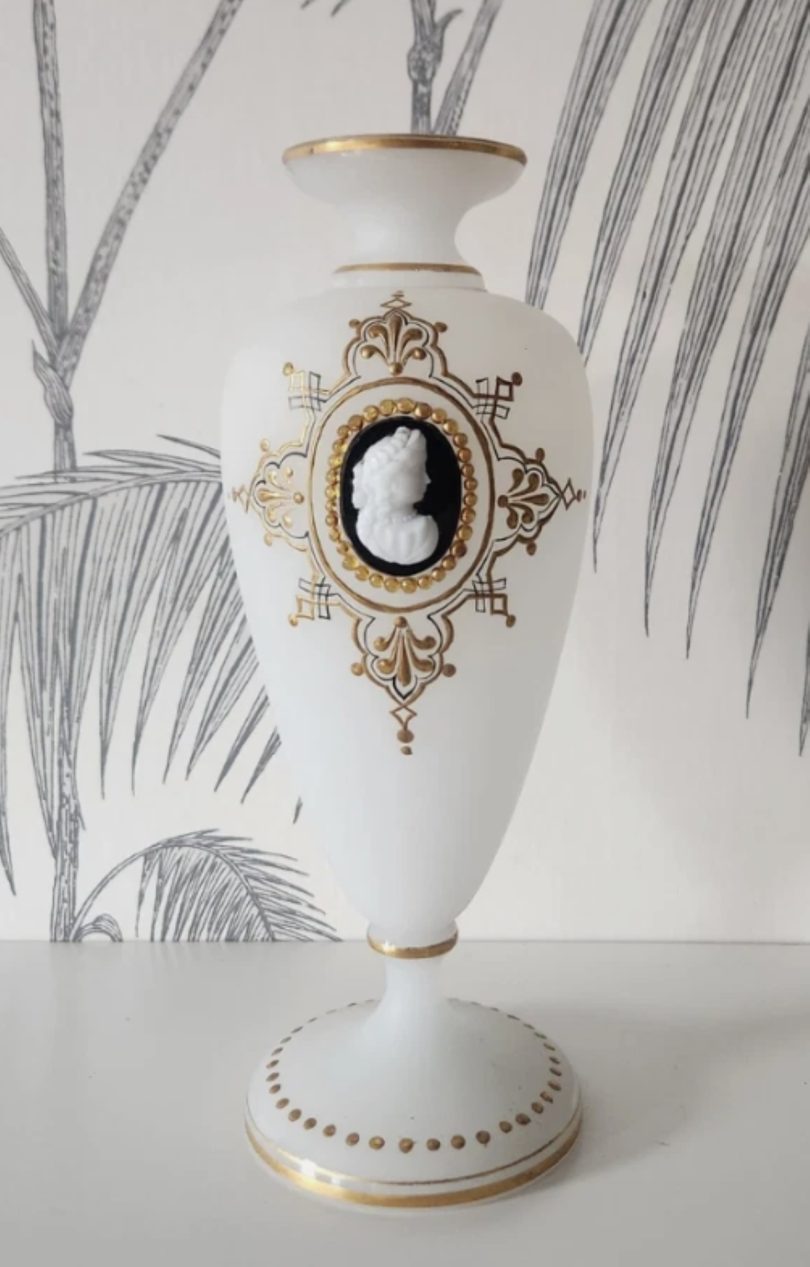 Antique Victorian Frosted Glass Cameo Vase | Textured Relief Art Glass | Late 19th Century