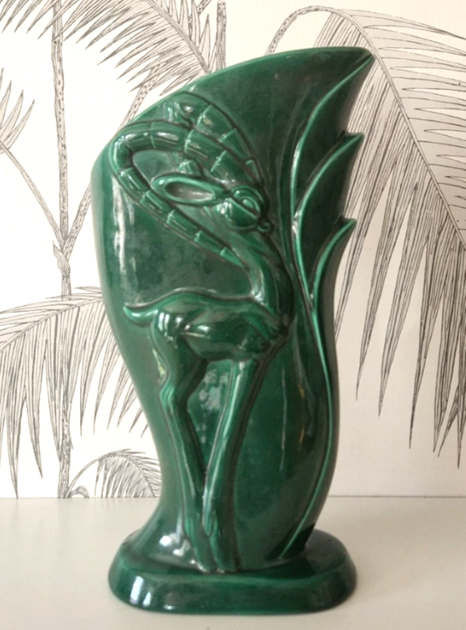 Vintage California Pottery Vase with Gazelle Motif – Emerald Green Glaze, c. 1930s