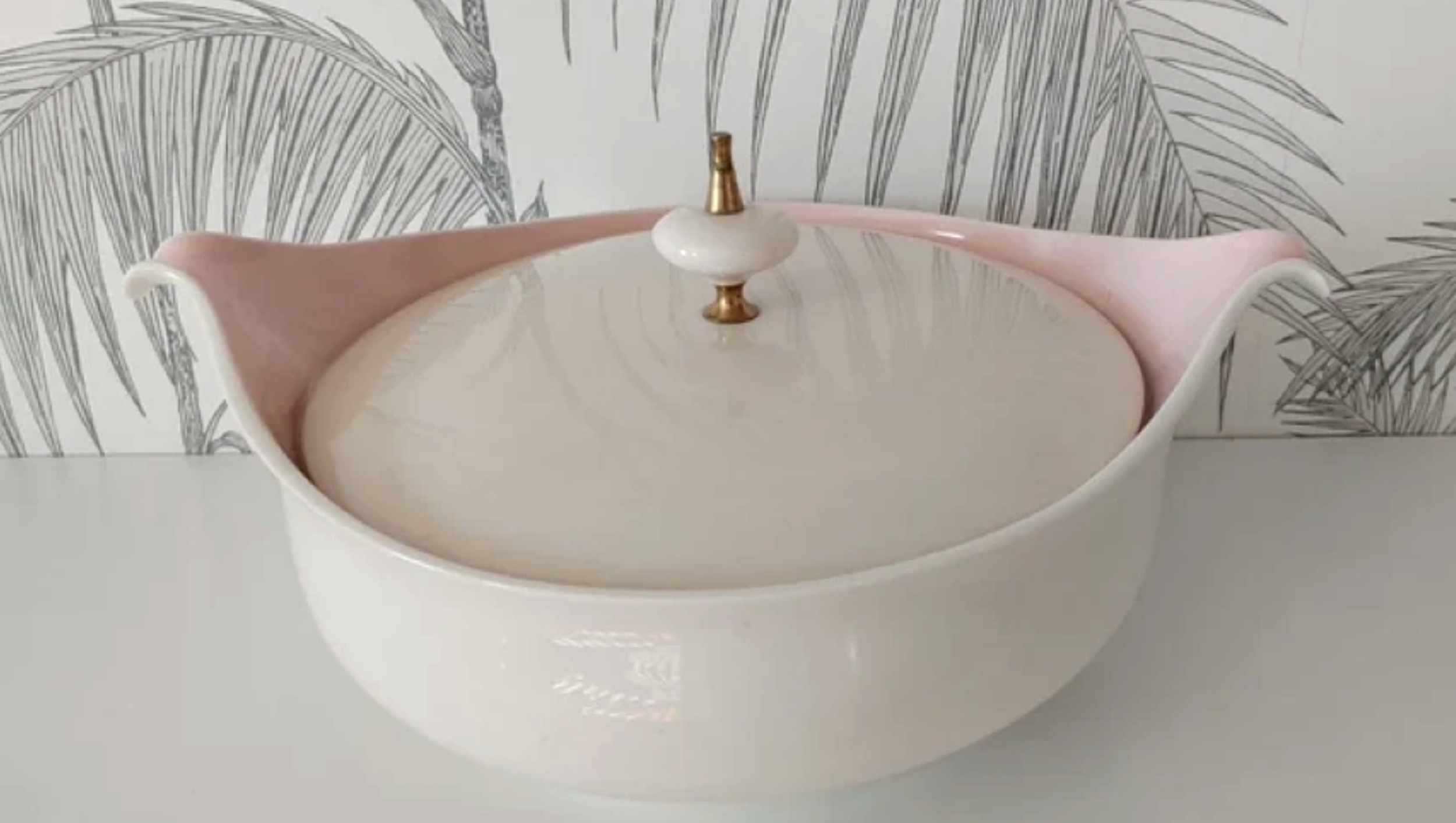 Vintage Casserole Dish, Terrine Dish, Ivory and Pink, circa 50's 2.png