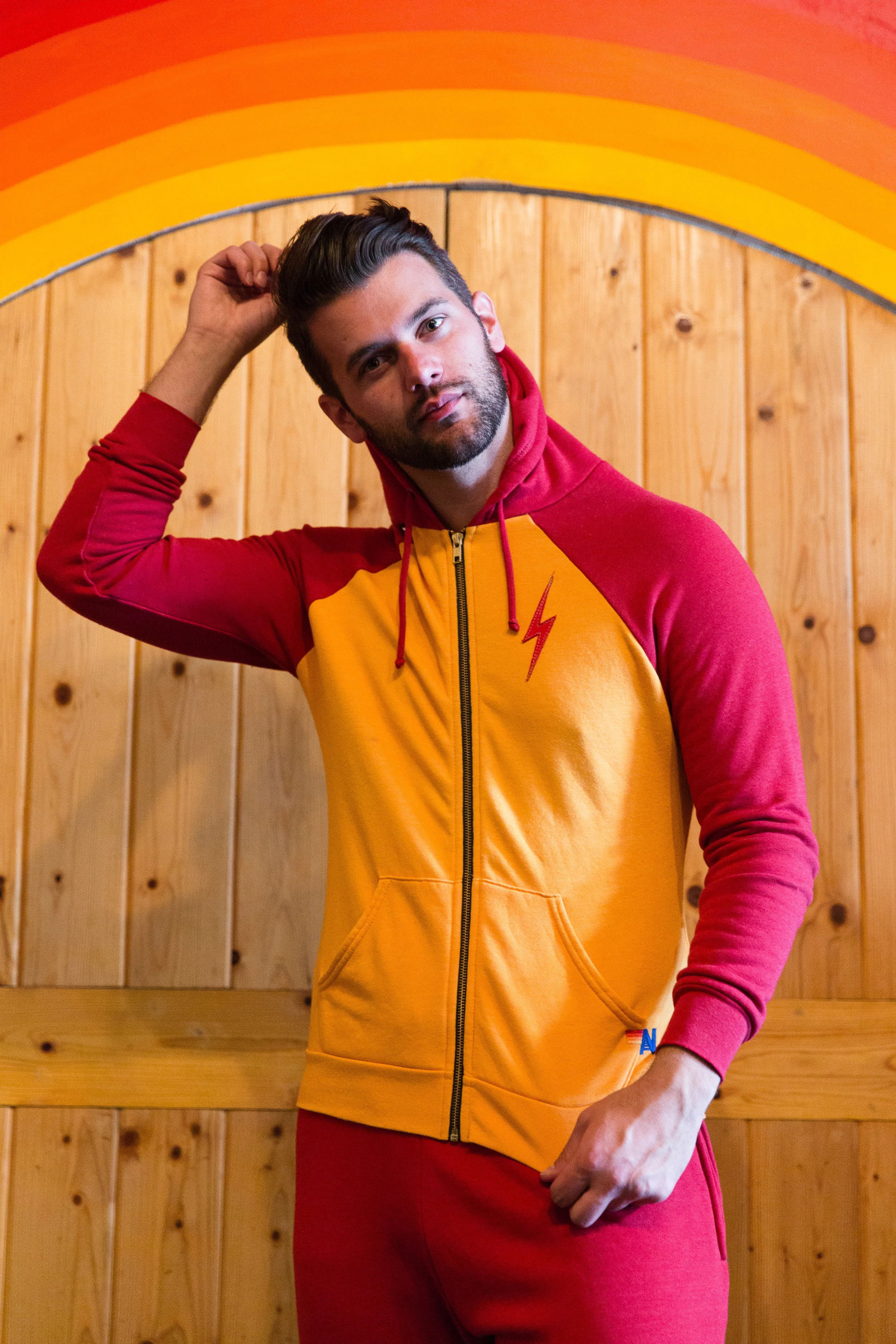 Bolt Hoodie, $161; Moto Sweatpants in Red, $152