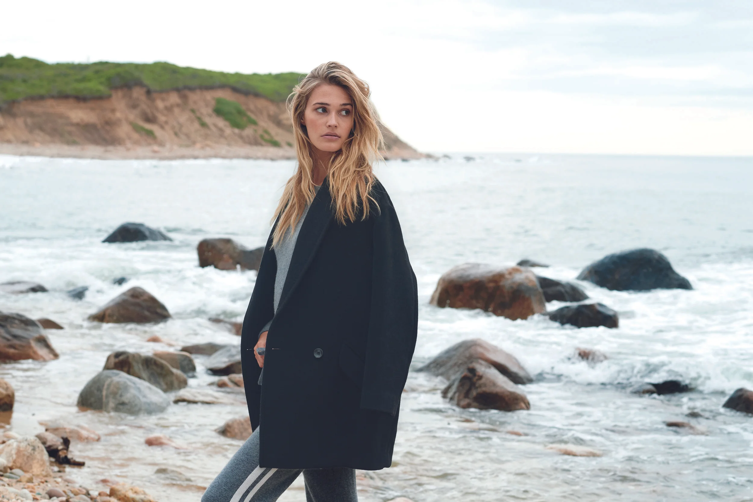 Sansa Coat, $495; Eliza Track Pant, 100% Cashmere, $250