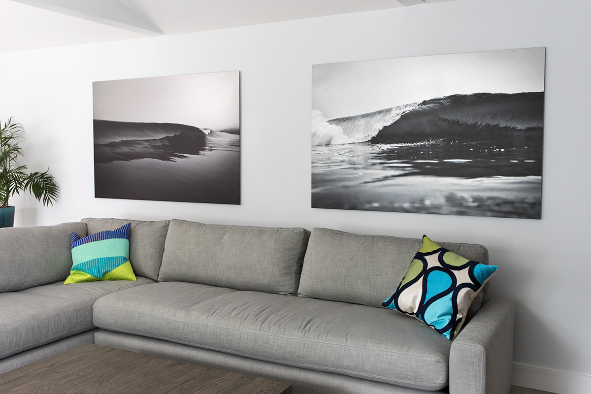 I recently installed this pair of prints on brushed aluminum ("Grasp" on the left and "Smitten" on the right) for the Stewart household in Walnut Creek. It's intriguing how the highlights in the brushed aluminum reflect light back and seem to glow as the light changes throughout the day.