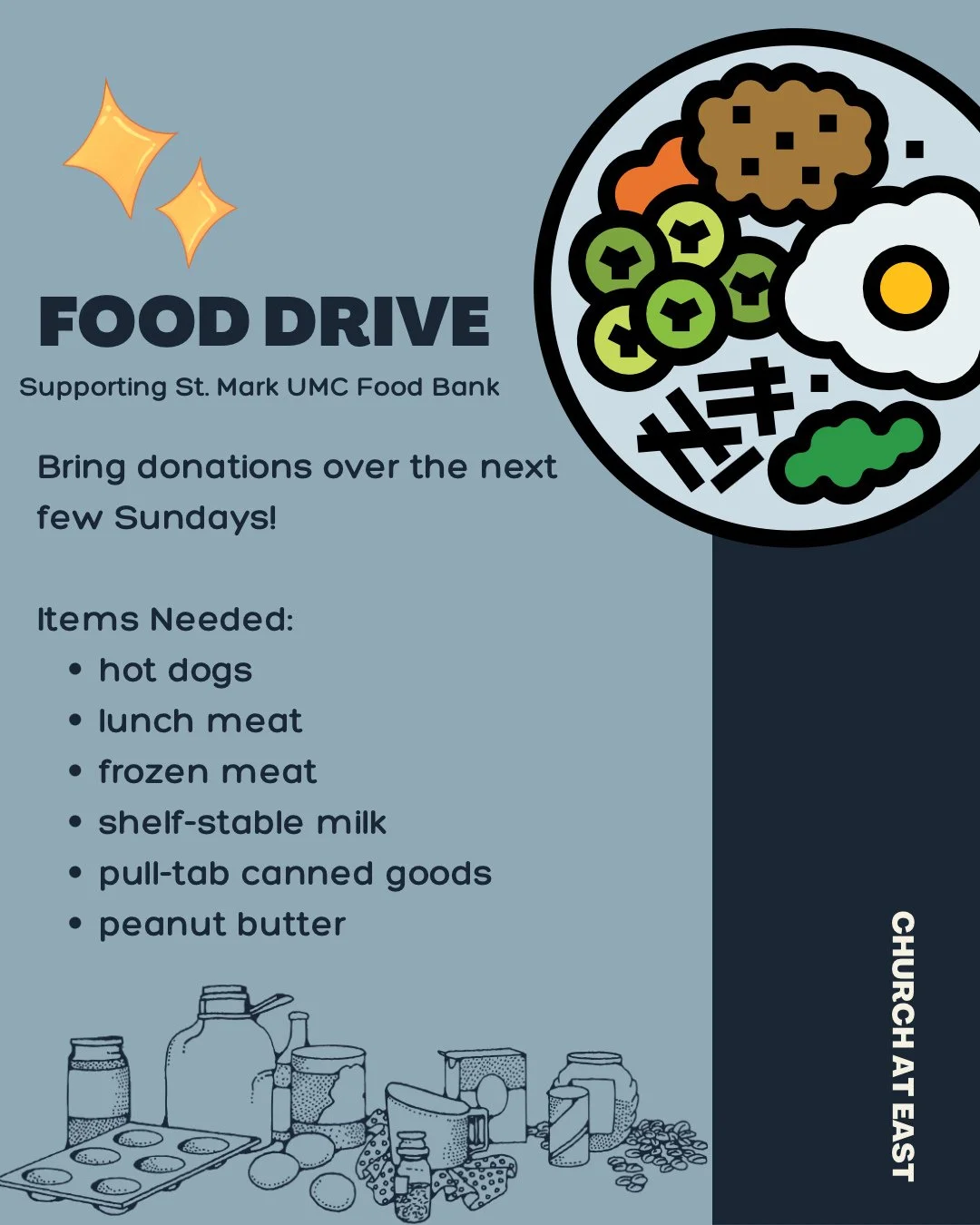 Food Drive Alert!⁠
⁠
With the government shutdown and no SNAP benefits being issued in November, many people are struggling to keep food on the table. We&rsquo;re collecting items for the St. Mark UMC Food Bank over the next few Sundays &mdash; thing