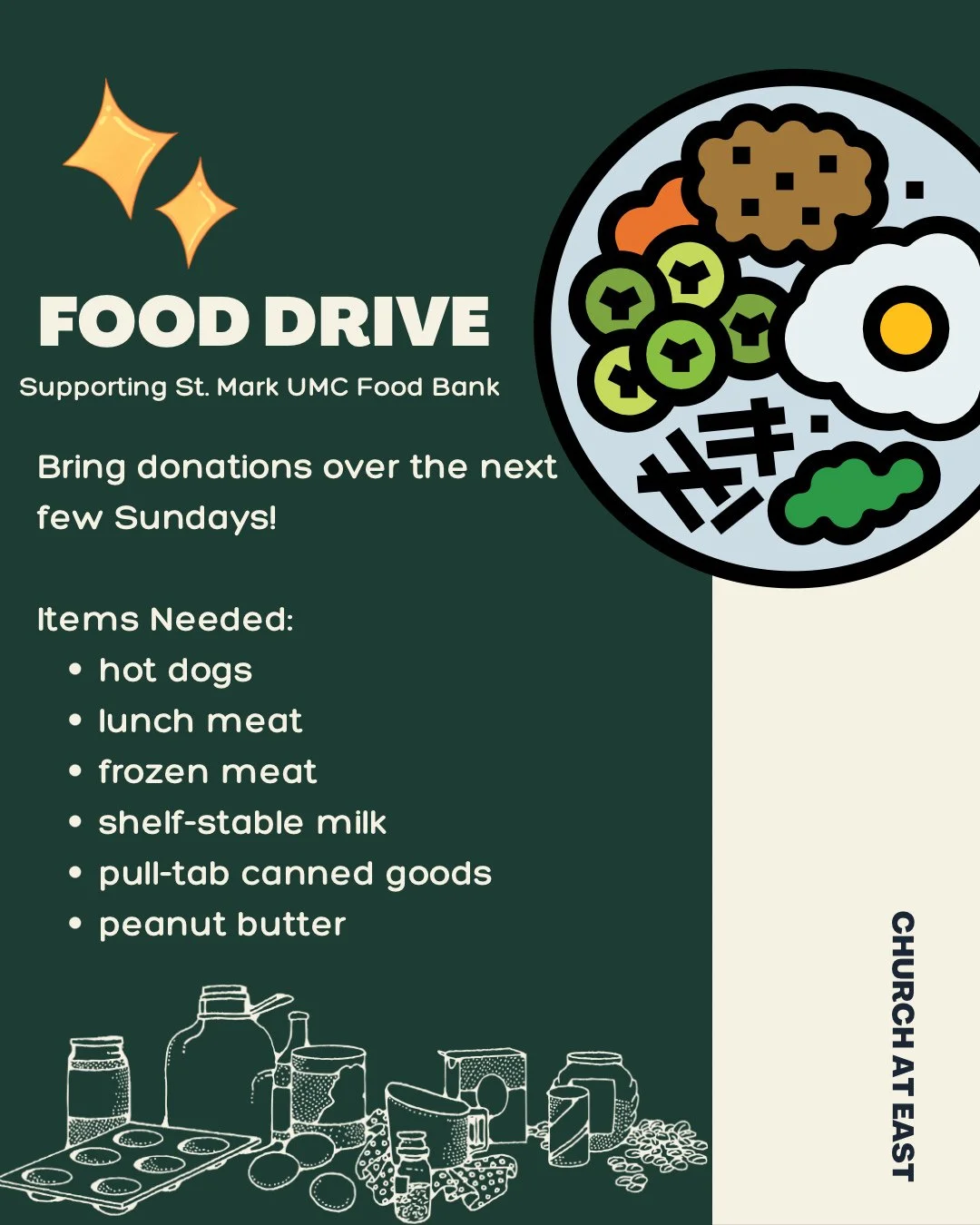 We&rsquo;re collecting items again this week for the St. Mark UMC Food Bank. Drop off items this Sunday in the fridge/freezer or sanctuary.
