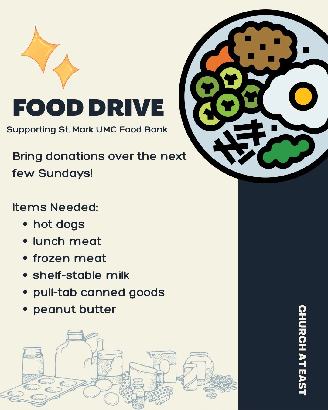 We&rsquo;re collecting items again this week for the St. Mark UMC Food Bank. Drop off items this Sunday in the fridge/freezer or sanctuary.