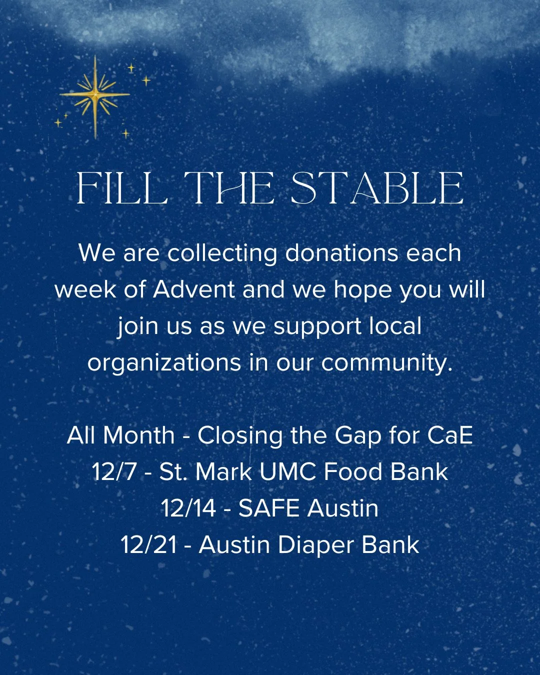Join us as we Fill the Stable this Advent and support our community. ⁠
⁠
Find more details in our weekly newsletter.