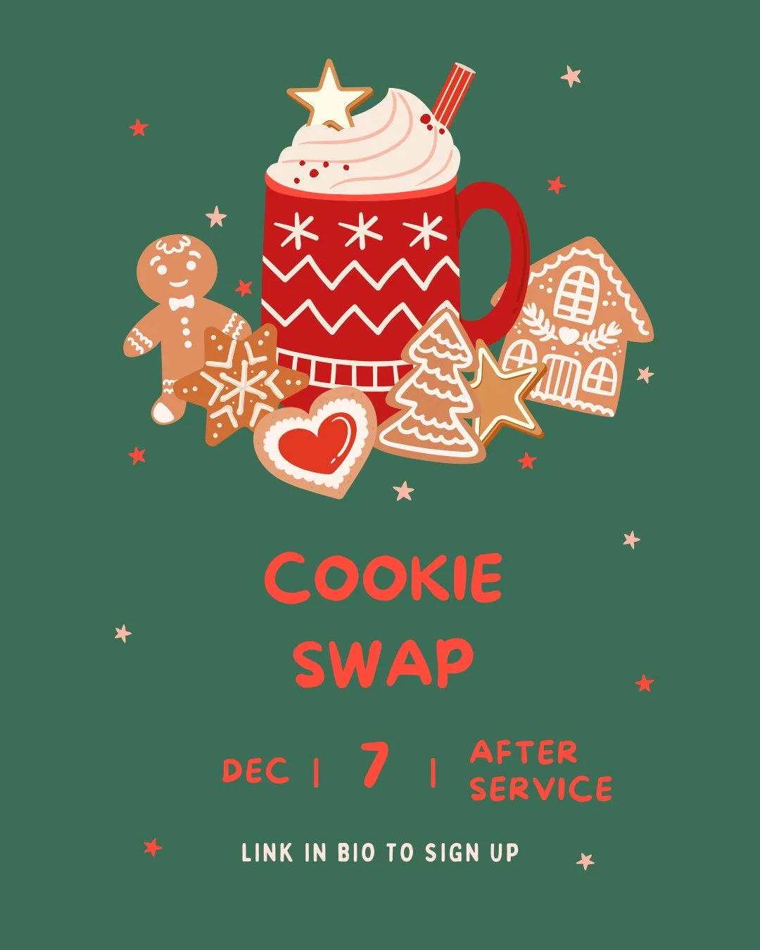 On December 7th we will have our third annual Cookie Swap immediately following our service!⁠
⁠
Everyone is invited to bake or buy cookies (or small desserts you can eat with your hands) to share. If you know you'll be bringing cookies, there is a li