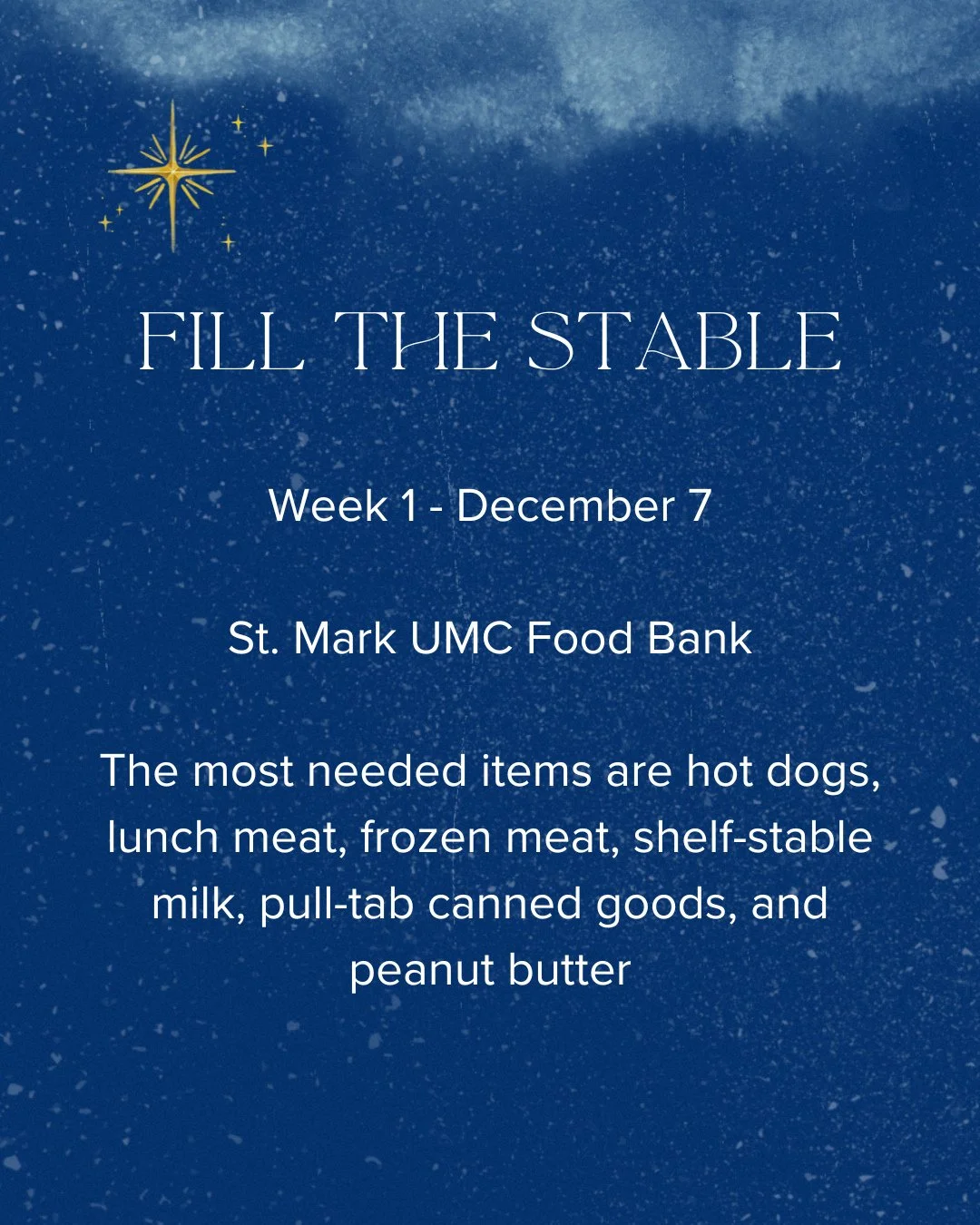Join us this Sunday as we bring donations for the St. Mark UMC Food Bank.