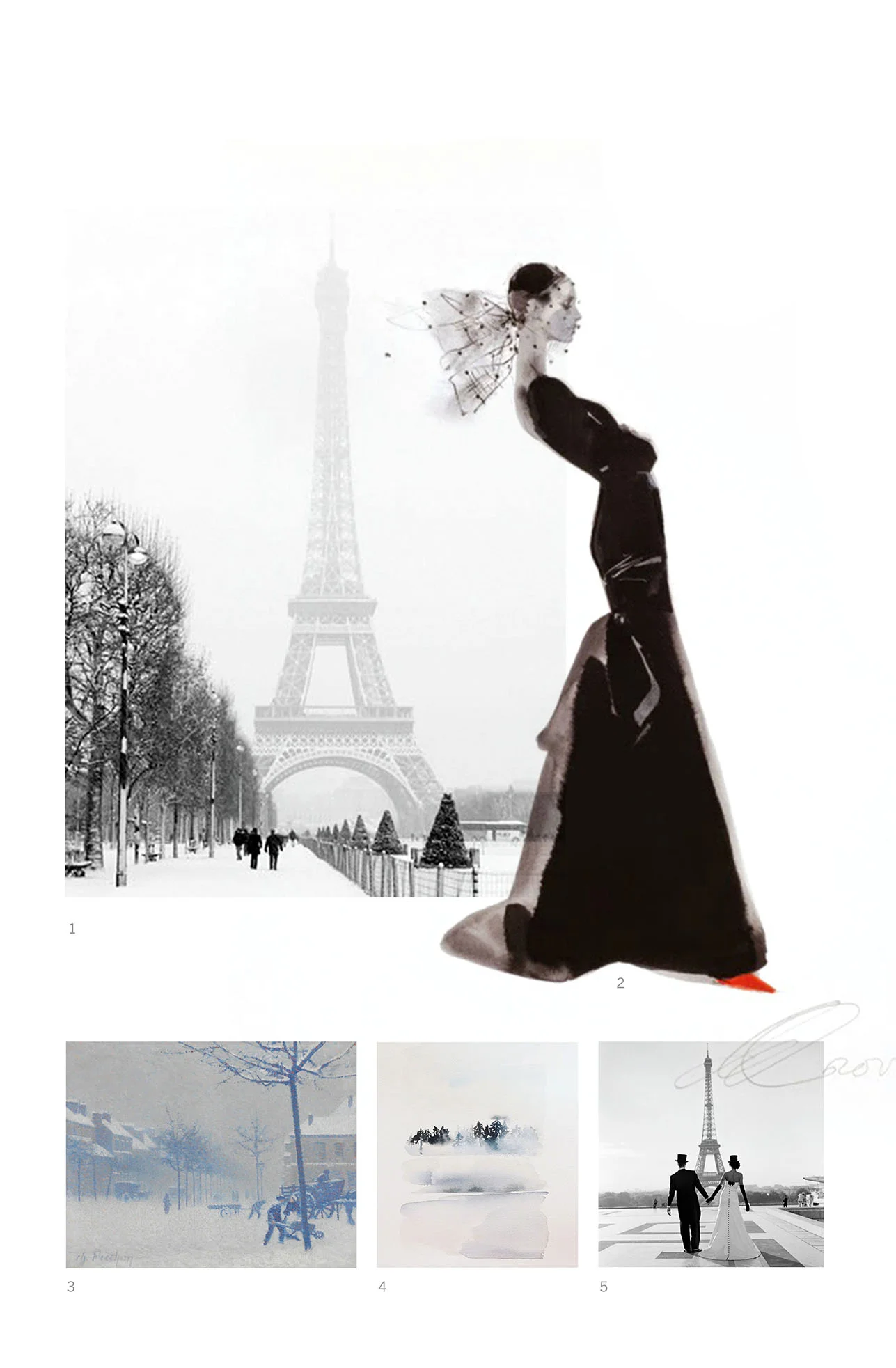Mood board for the Wedding Collection "Paris in the snow" by Type and Graphics Lab. Image references: 1. Pinterest, original source unknown. 2. David Downton 3. "Rouen, place Cauchoise sous la neige," Charles Frechon. 4. Yao Cheng . 5. Pinterest, original source unknown.