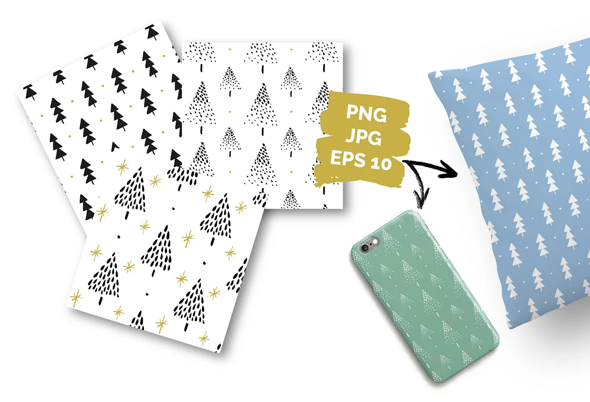 A collection of handdrawn Christmas trees. Decorative elements and repeat patterns by Type and Graphics Lab | Available for sale | typeandgraphicslab.com