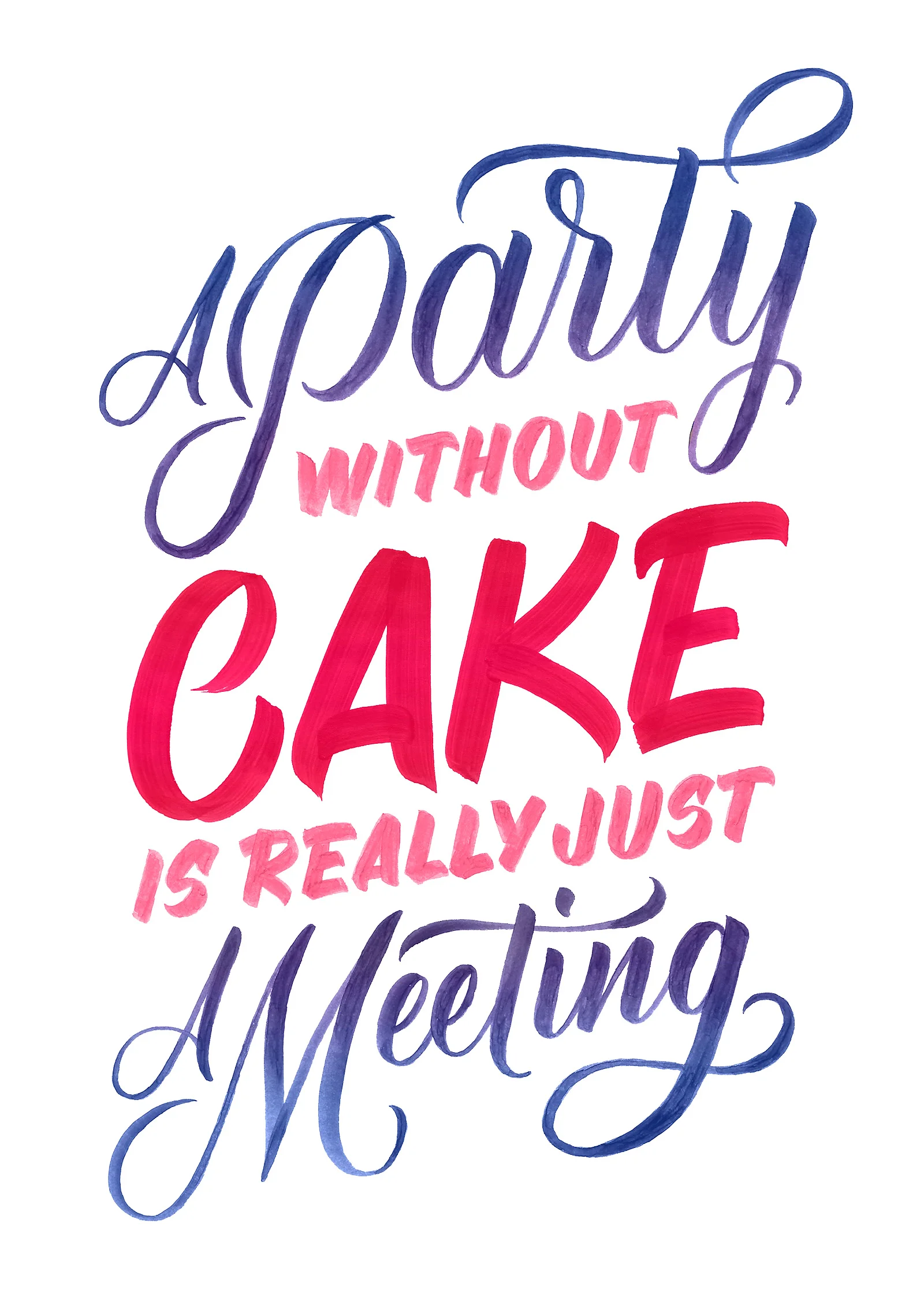 Julia Child's quote “A Party without Cake is really just a Meeting” | Hand Lettering by Type and Graphics Lab | typeandgraphicslab.com