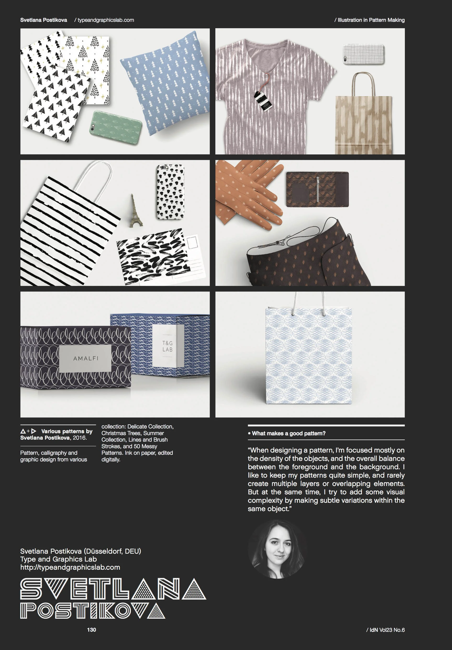 The spread with Svetlana Postikova's work from IdN Magazine v23n6: Illustration in Pattern Making.