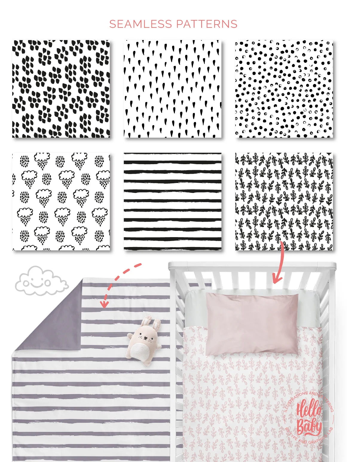HELLO BABY is a collection of cute hand drawn illustrations, lettering overlays & surface patterns designed to welcome the little ones. It’s a perfect bundle to decorate your baby shower cards, nursery art prints, and, of course, to announce the arrival of a new little person in your life! Available on Creative Market: https://crmrkt.com/GJqGNo