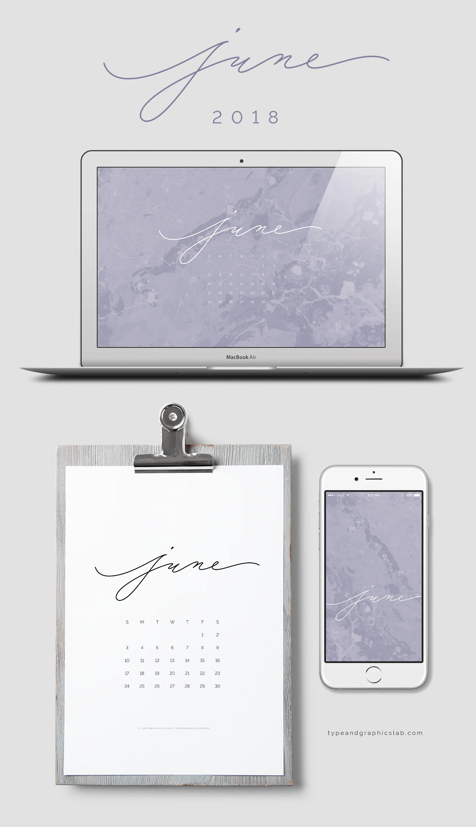 Download free desktop, mobile, and printable calendar for June 2018 |&nbsp;©&nbsp;typeandgraphicslab.com | For personal use only