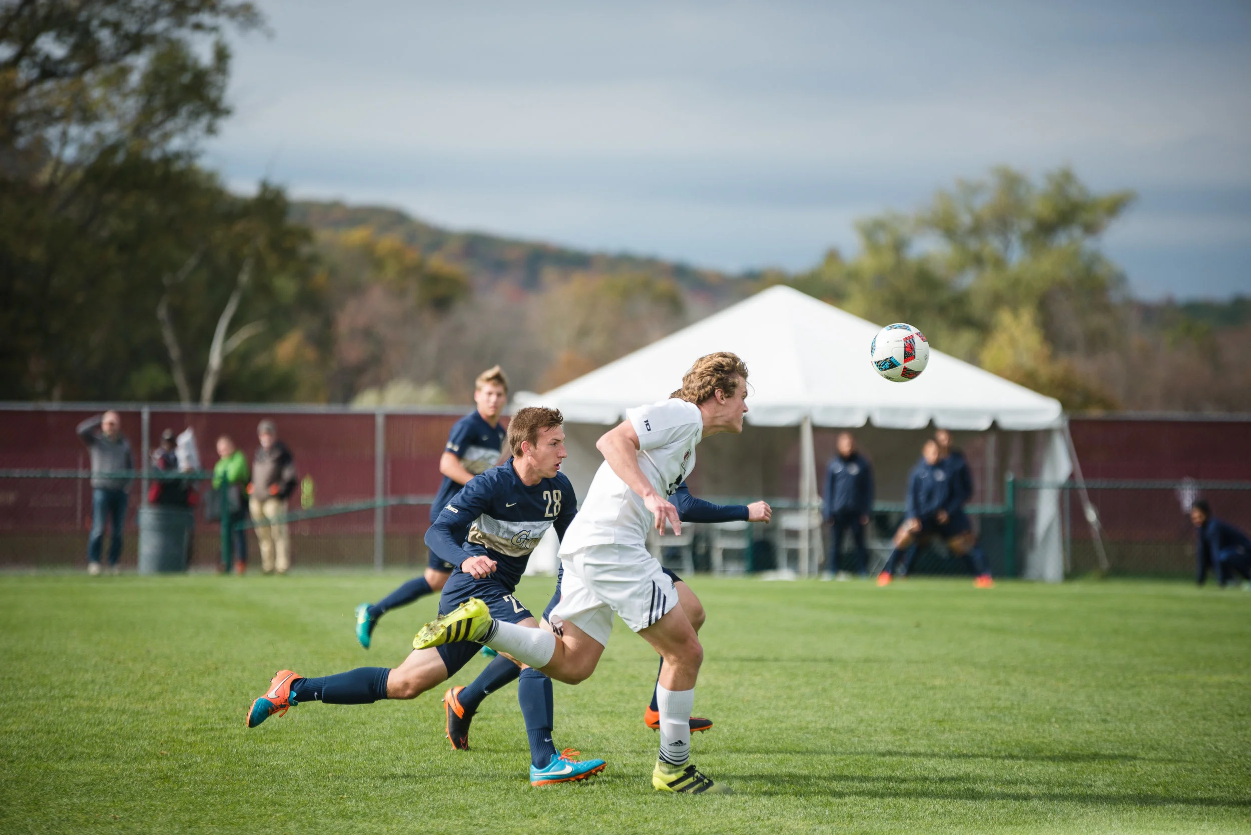 Mark Dunphy chases after the ball during men's soccer's win over George Washington on Saturday, Oct. 29, 2016 at Rudd Field. | Photo by Judith Gibson-Okunieff