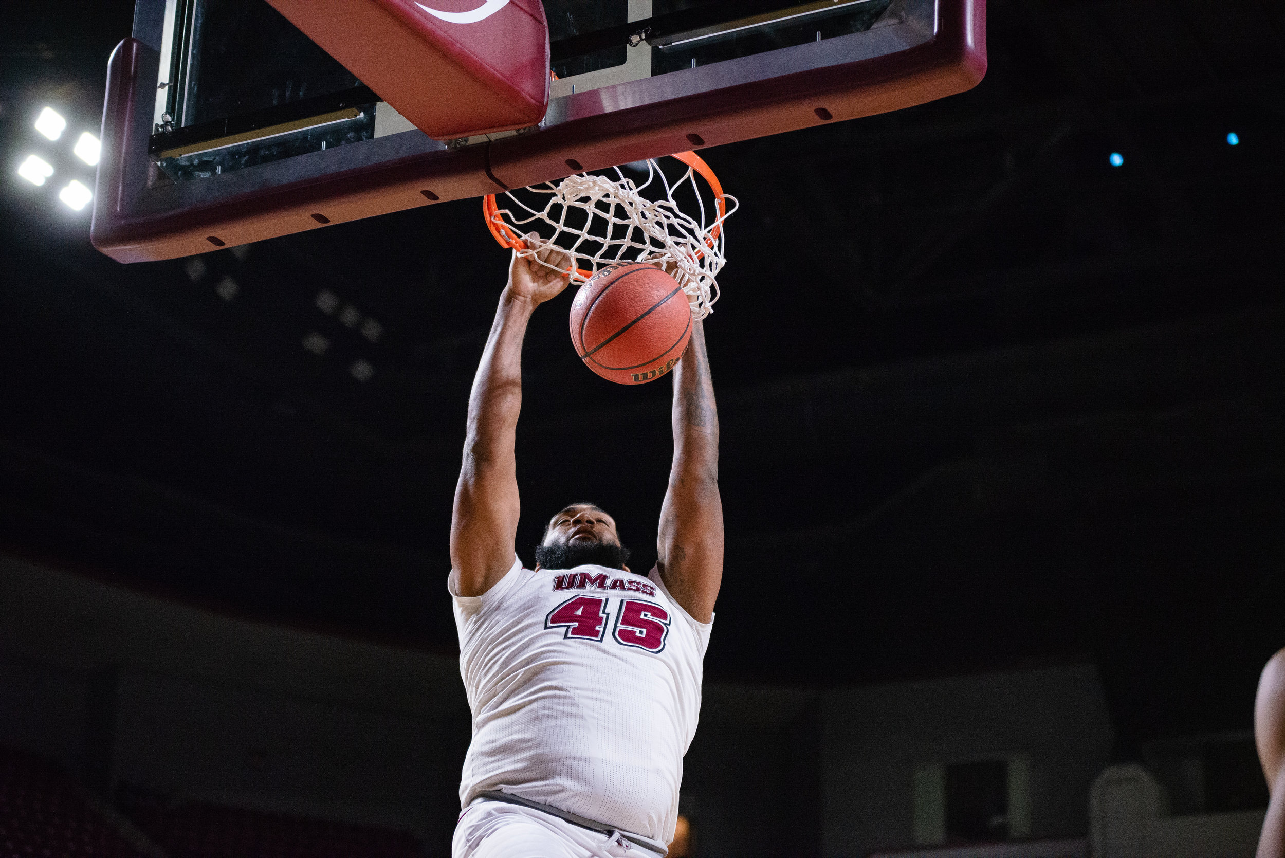  UMass Men's Basketball gets first conference win against URI at the Mullins Center on Sunday Jan. 27, 2019.  (Photo by Judith Gibson-Okunieff) 