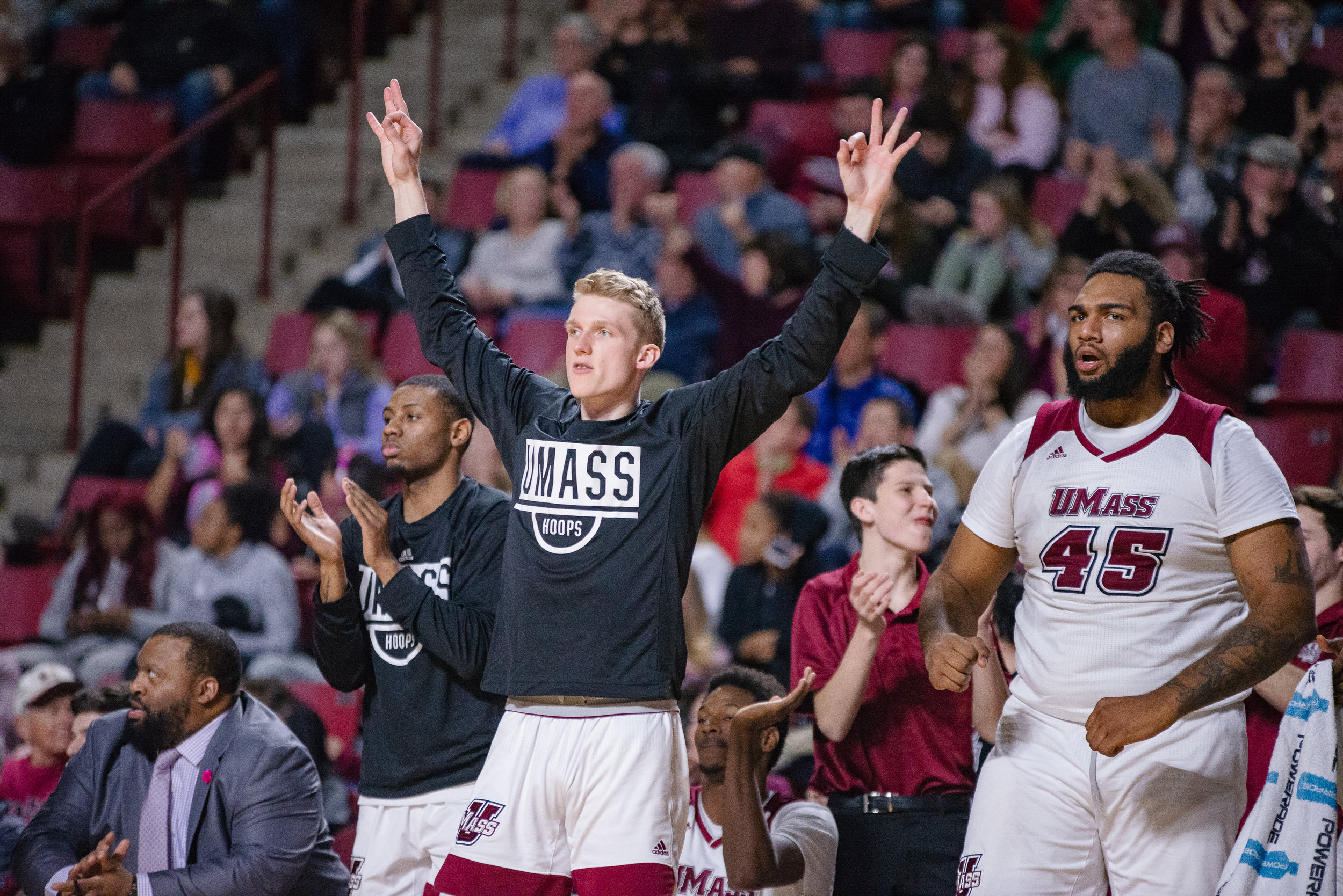 UMass Men's Basketball gets first conference win against URI at the Mullins Center on Sunday Jan. 27, 2019.  (Photo by Judith Gibson-Okunieff) 