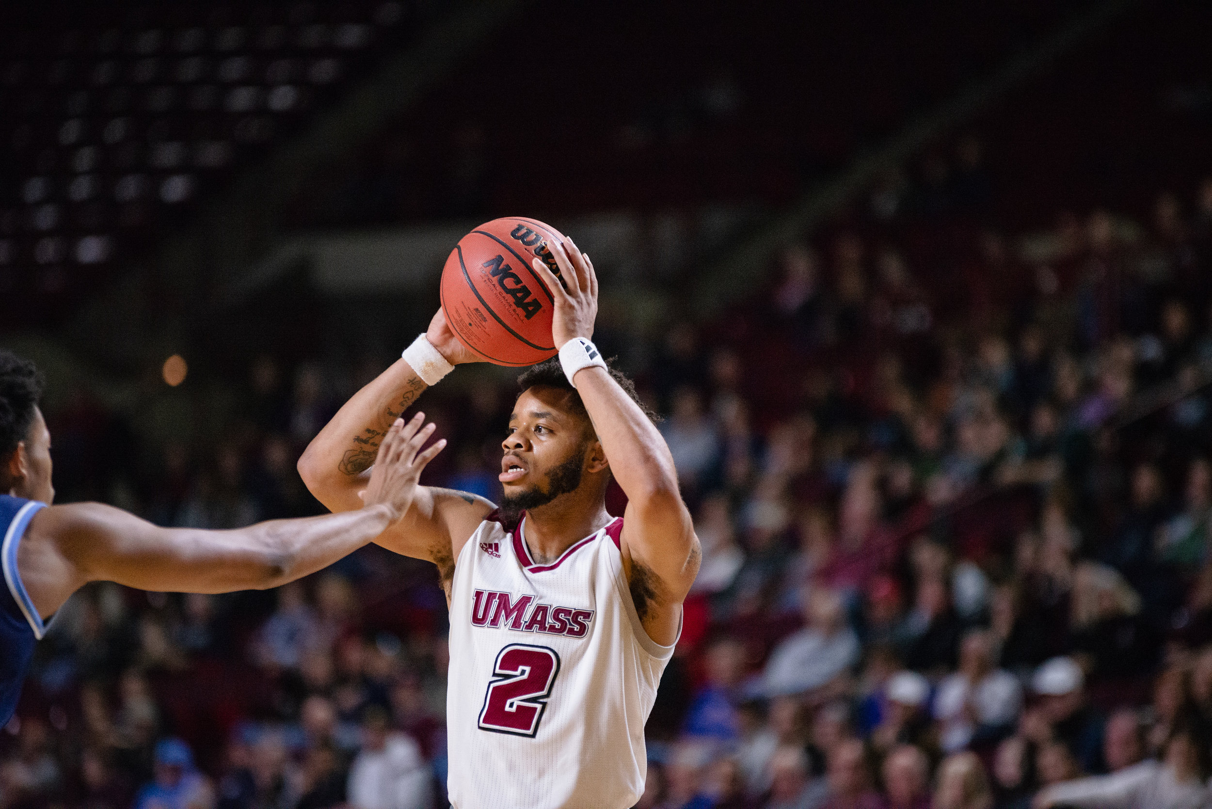  UMass Men's Basketball gets first conference win against URI at the Mullins Center on Sunday Jan. 27, 2019.  (Photo by Judith Gibson-Okunieff) 