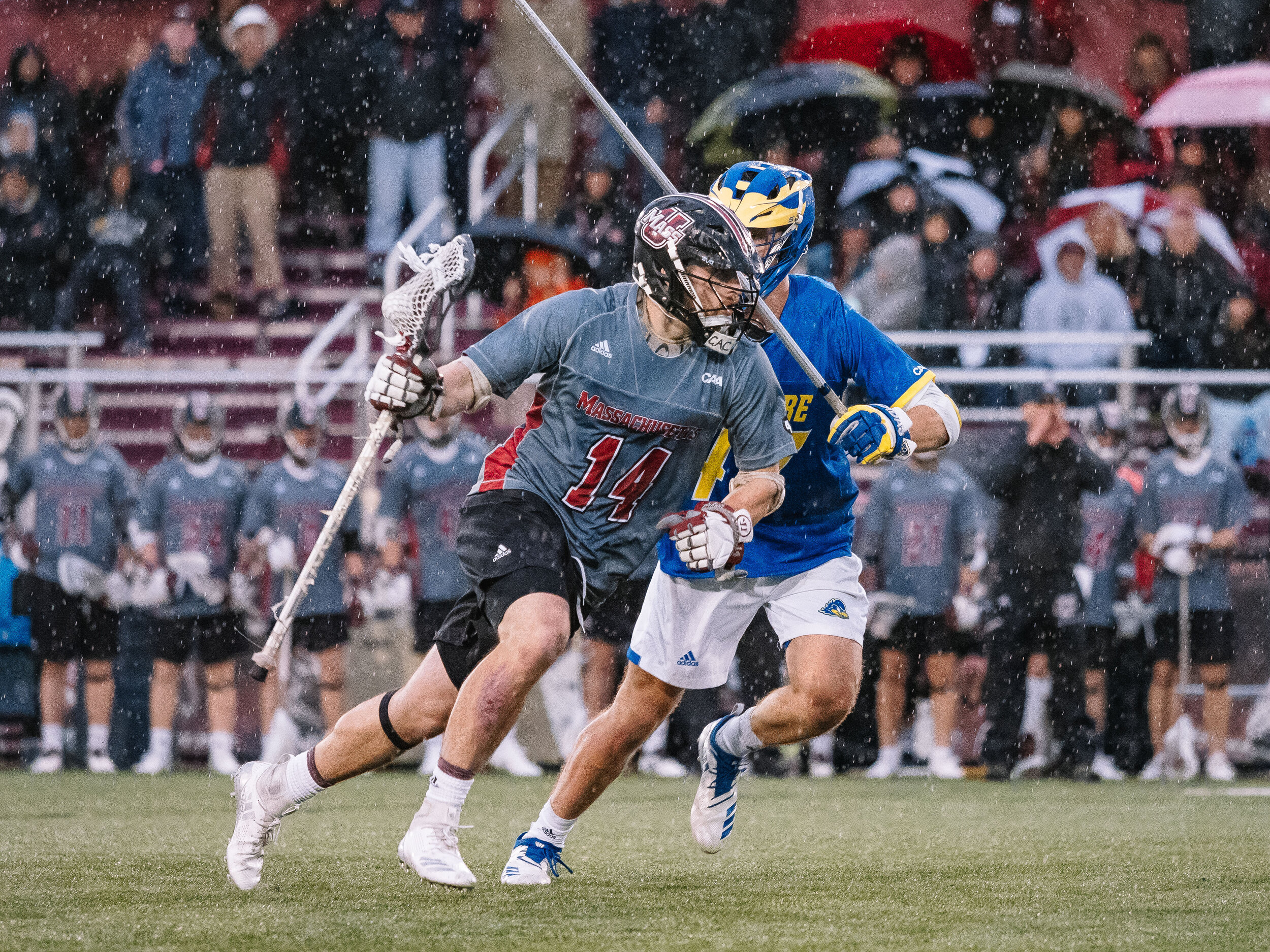  UMass men's lacrosse pulls off 11-9 win over Delaware in last regular season game Friday night, April 26, and will host the CAA championship next week.(Photo by Judith Gibson-Okunieff) 