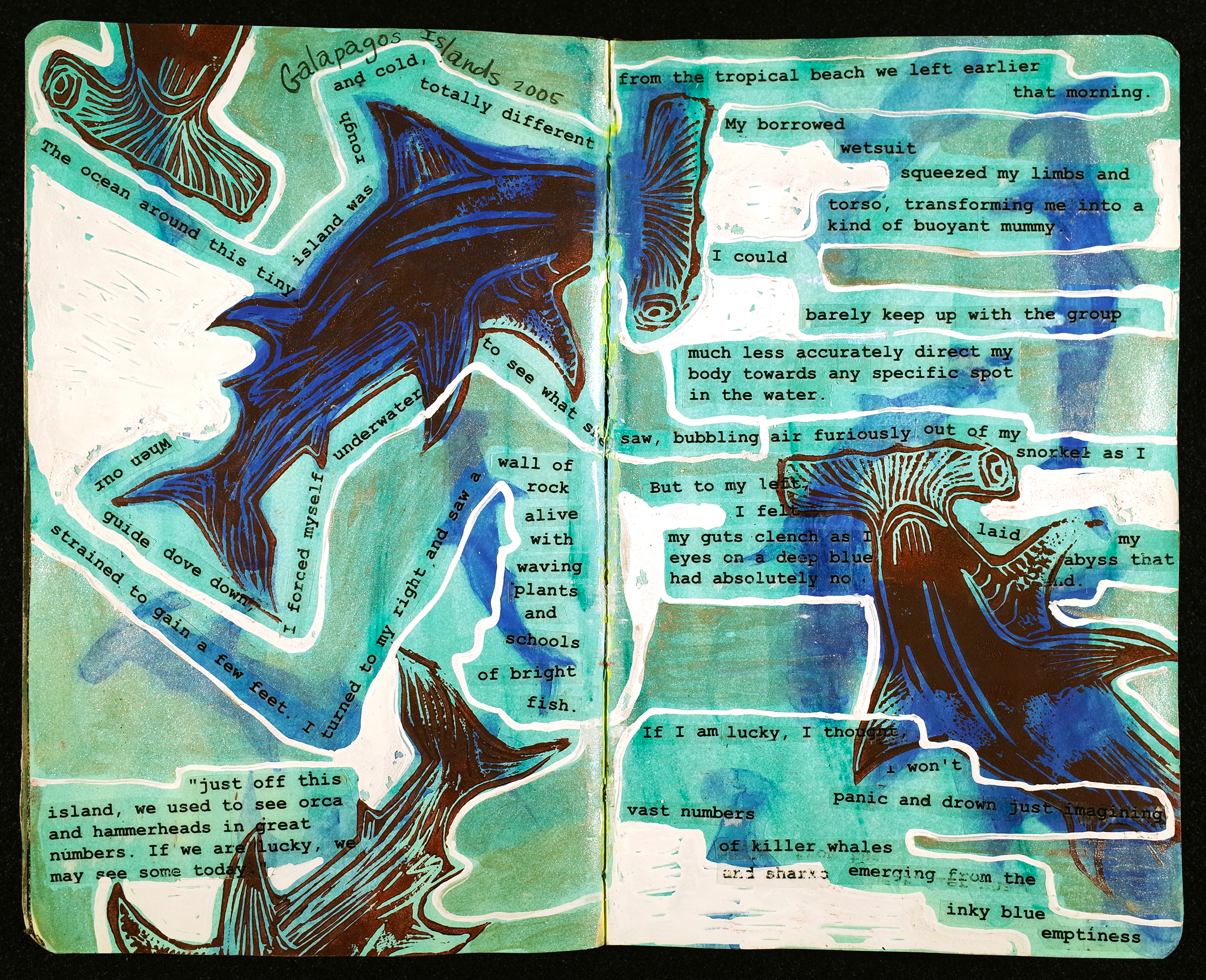 A visual journal is a marriage of writing and art; a playground for a busy, creative mind; an amplification of your inner voice; a record of your experiences; a regular meeting over coffee between you and yourself. Through a rich layering of mixed media drawing, printmaking and collage, this autobiographical journal immerses the reader in a colorful narrative about life, art, science, travel and family. Never Flinch: A Visual Journal is now available on blurb.com or locally at Bookmark It , Cornell Fine Arts Museum and the Orlando Museum of Art retail shop. 