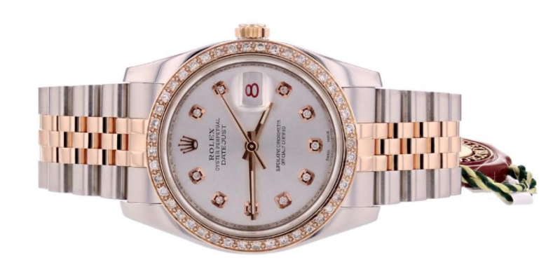 Rolex ladies pre-owned Datejust model in Rose Gold and stainless steel and diamond markers and bezel.&nbsp;