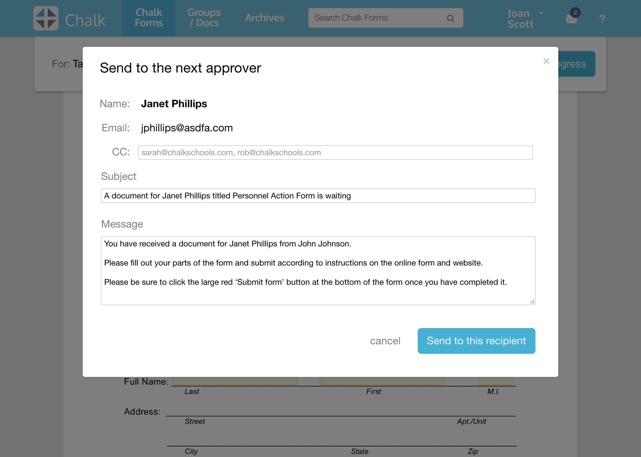 My Design - I redesigned the prompt to appear more like an email, which is a form factor most of Chalk's users are familiar with.