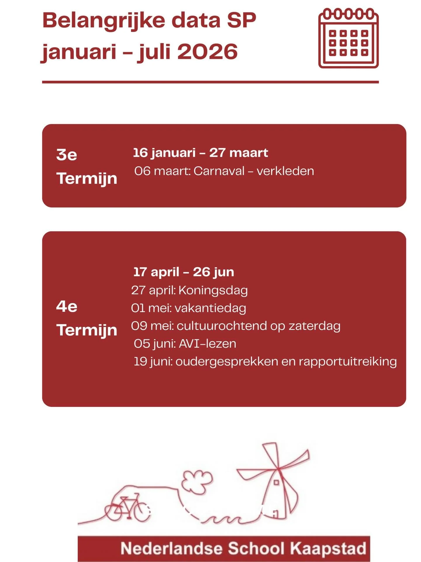 Belangrijk date voor de komende periode in Sea Point (SP) en Noordhoek (NH).

#schoolkalender #belangrijkedata #nederlandselessen #nederlandsonderwijsinhetbuitenland