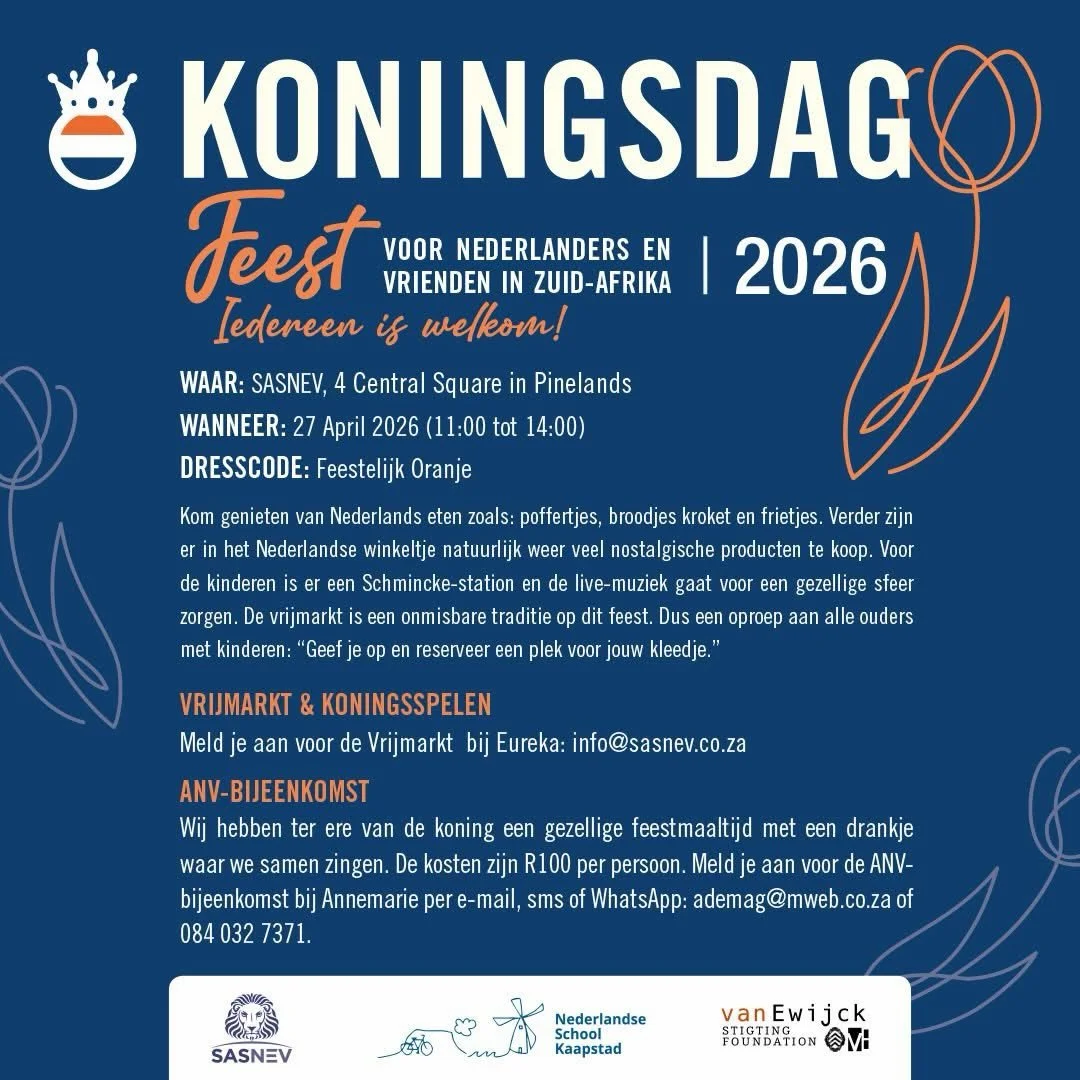 Nog een nachtje slapen: Koningsdag 2026 👑! 
Hopelijk zien we jullie allemaal morgen, van 11:00-14:00, bij SASNEV in Pinelands.

We kijken er naar uit om jullie daar te zien en samen dit gezellige feest te vieren! 

Dresscode: oranje!

🇳🇱👑👑🇳🇱👑