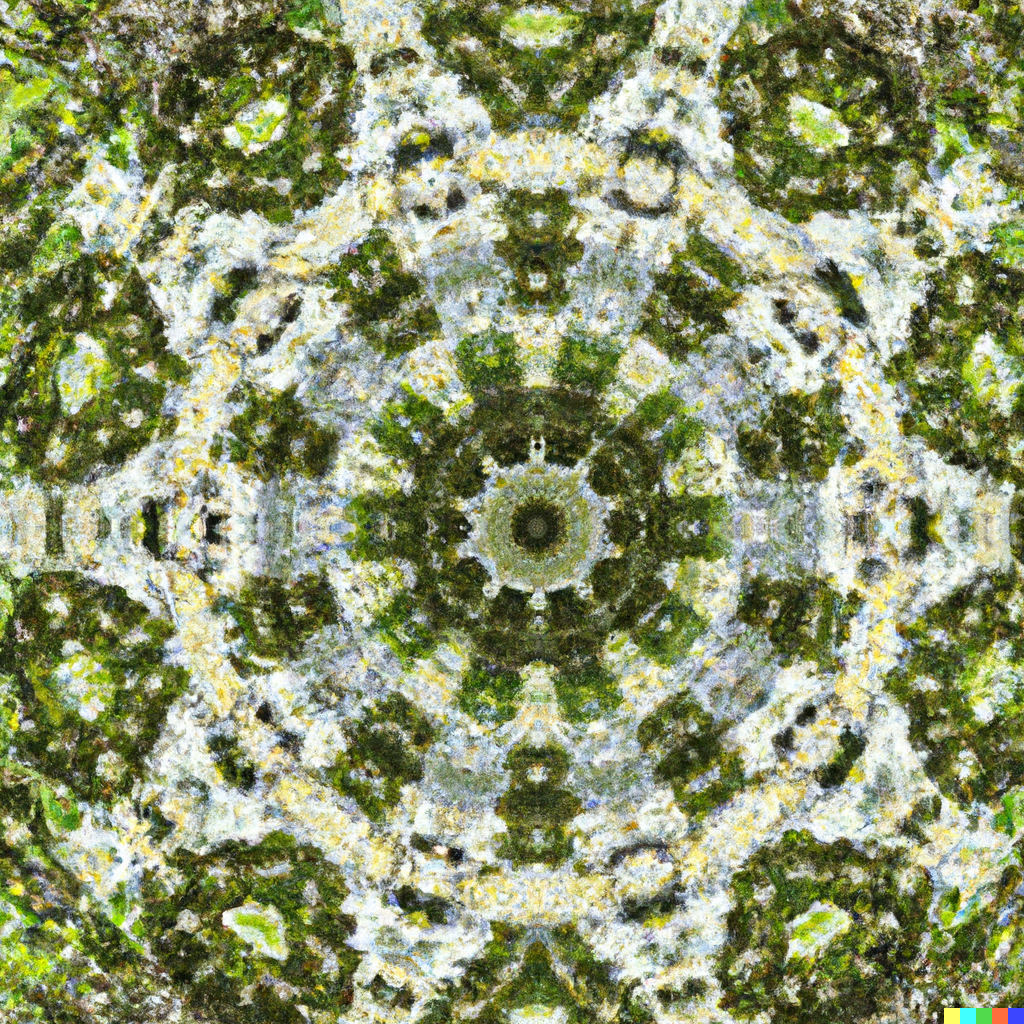 A green seaweed textured pattern that looks like it is at the end of a kaleidoscope