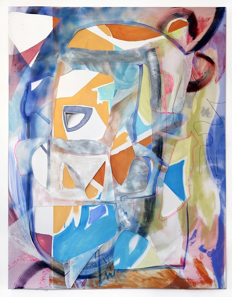   Ghost candy , 2014  43 x 59 inches  oil, fabric. spray paint and marker on canvas       
