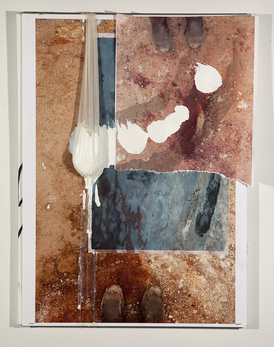 Yves' orgasm 1 , 2016 oil paint, stocking, inkjet prints, canvas