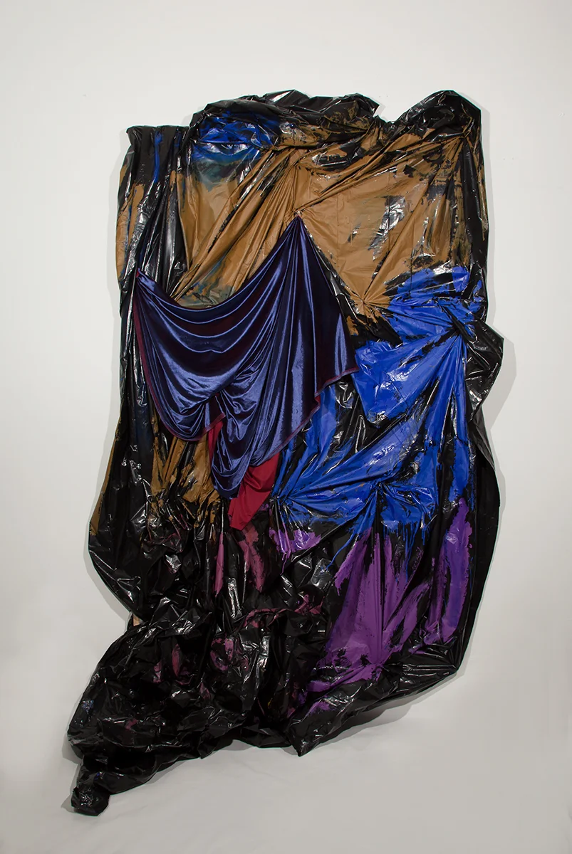 Mother , 2017 68 in x 106 in plastic sheeting, latex paint, oil paint, velvet, stretcher bars