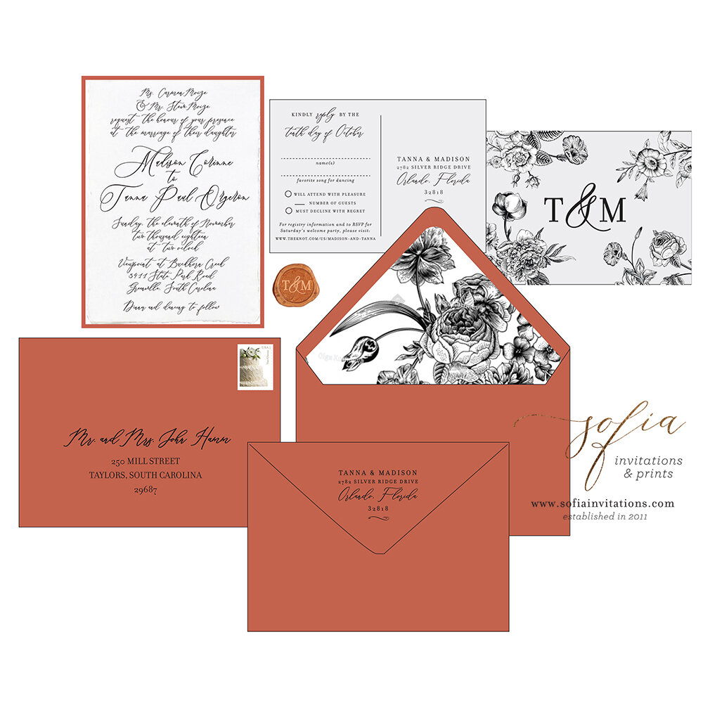 Romantic Calligraphy Letterpress Wedding Invitations with Envelopes, M