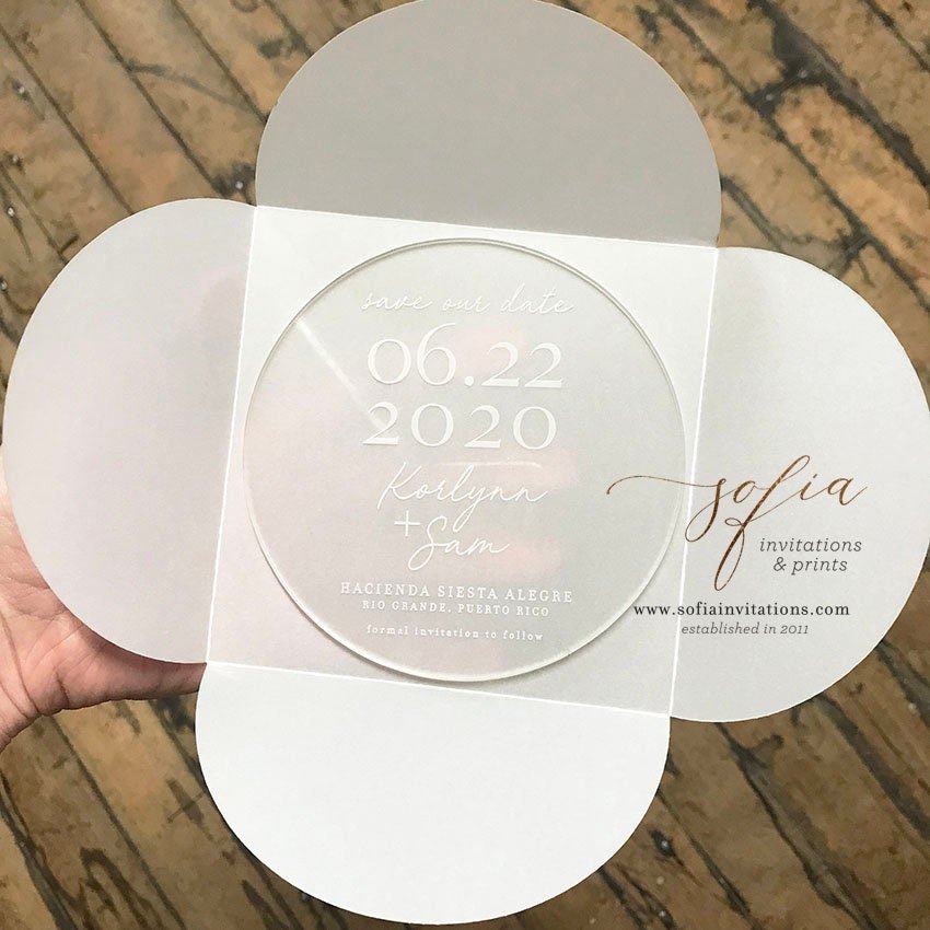Minimal Clear Acrylic Save The Date With Vellum Envelopes — Sofia  Invitations And Prints